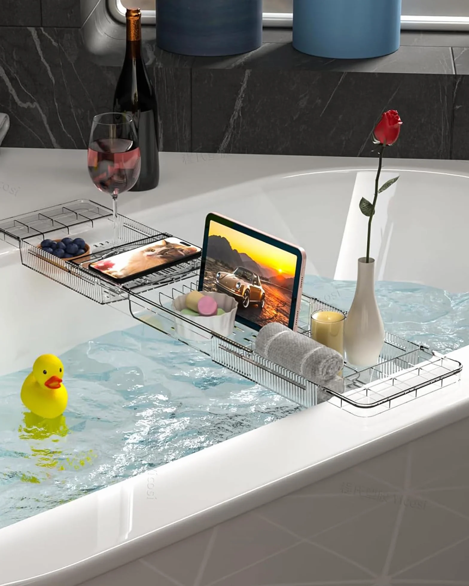 Plateau Baignoire Extensible en Acrylique pour Ipad, Téléphone, Verre, Bougie, Accessoires de Bain Transparent