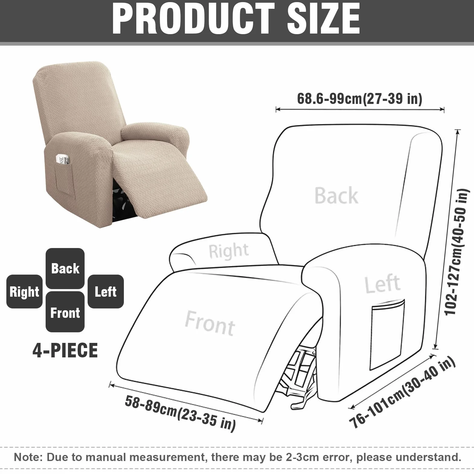 Housse Fauteuil Relax 1 Place Extensible avec Poches Jacquard Rayé Taupe 4 Pièces