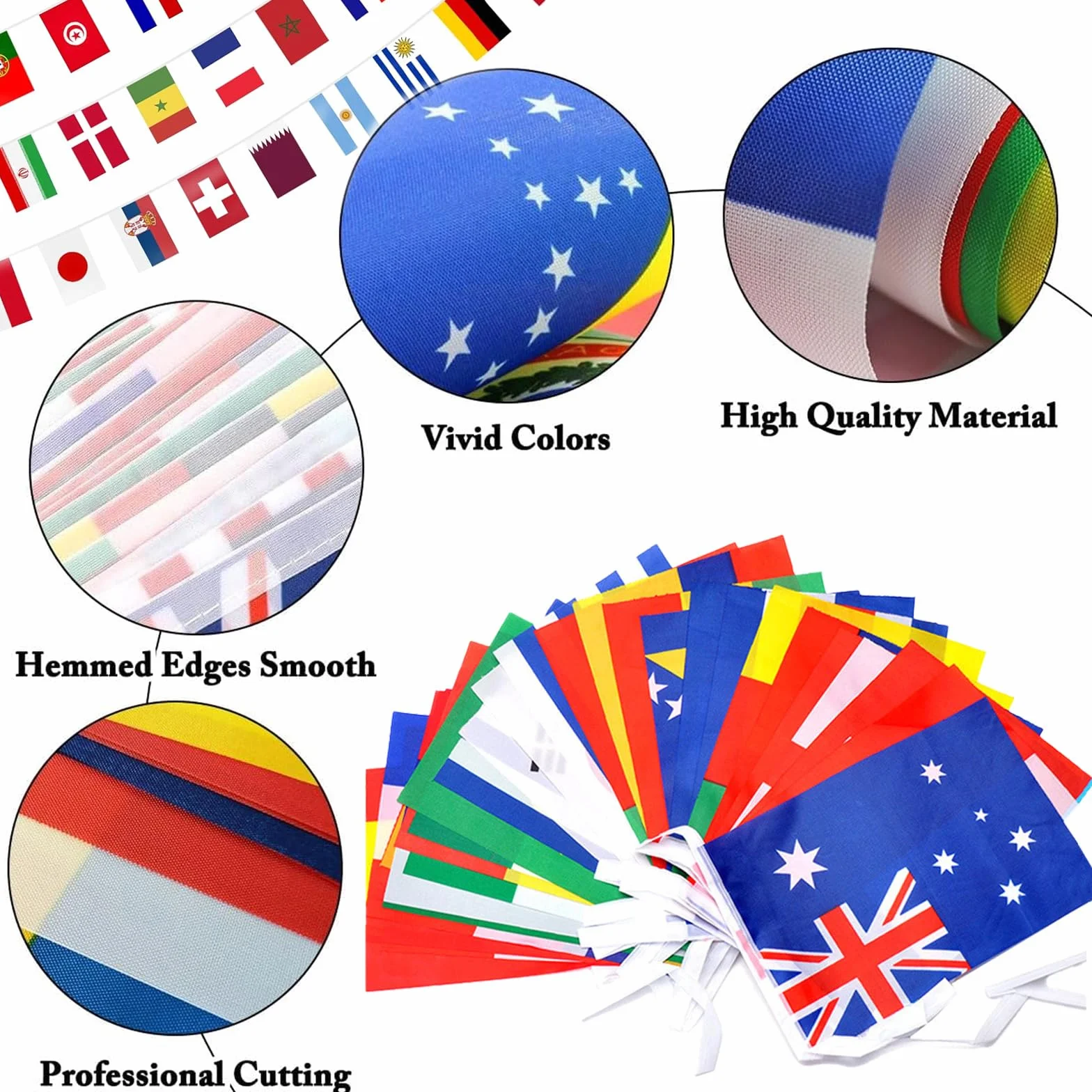 Guirlande de drapeaux de 32 pays pour la Coupe du Monde 2026, 32 pays des deux côtés en tissu euro (drapeaux / 4 pièces)