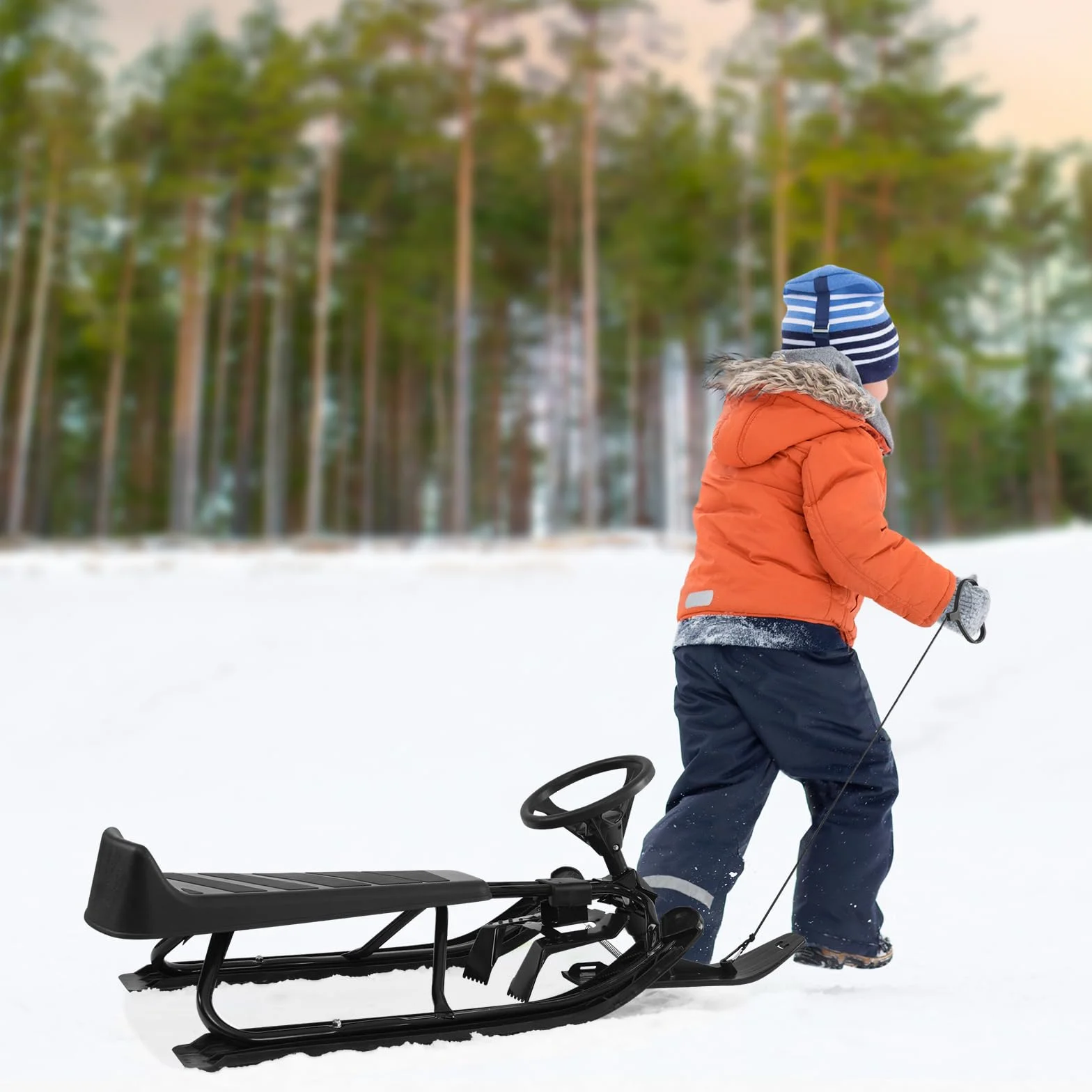 Laneetal Luge Enfant, Luge Bob, Luge avec Volant, Frein et Amortisseur de Choc, Siège Plastique avec Dossier, Cadre en Acier, Corde de Traction, Noir