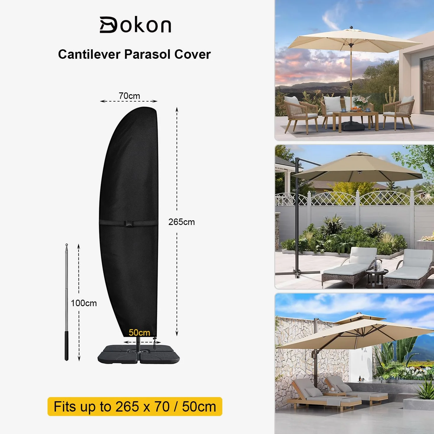 Housse Parasol Déporté Imperméable 3-4m Oxford 420D Anti-UV Noir 265x70/50cm