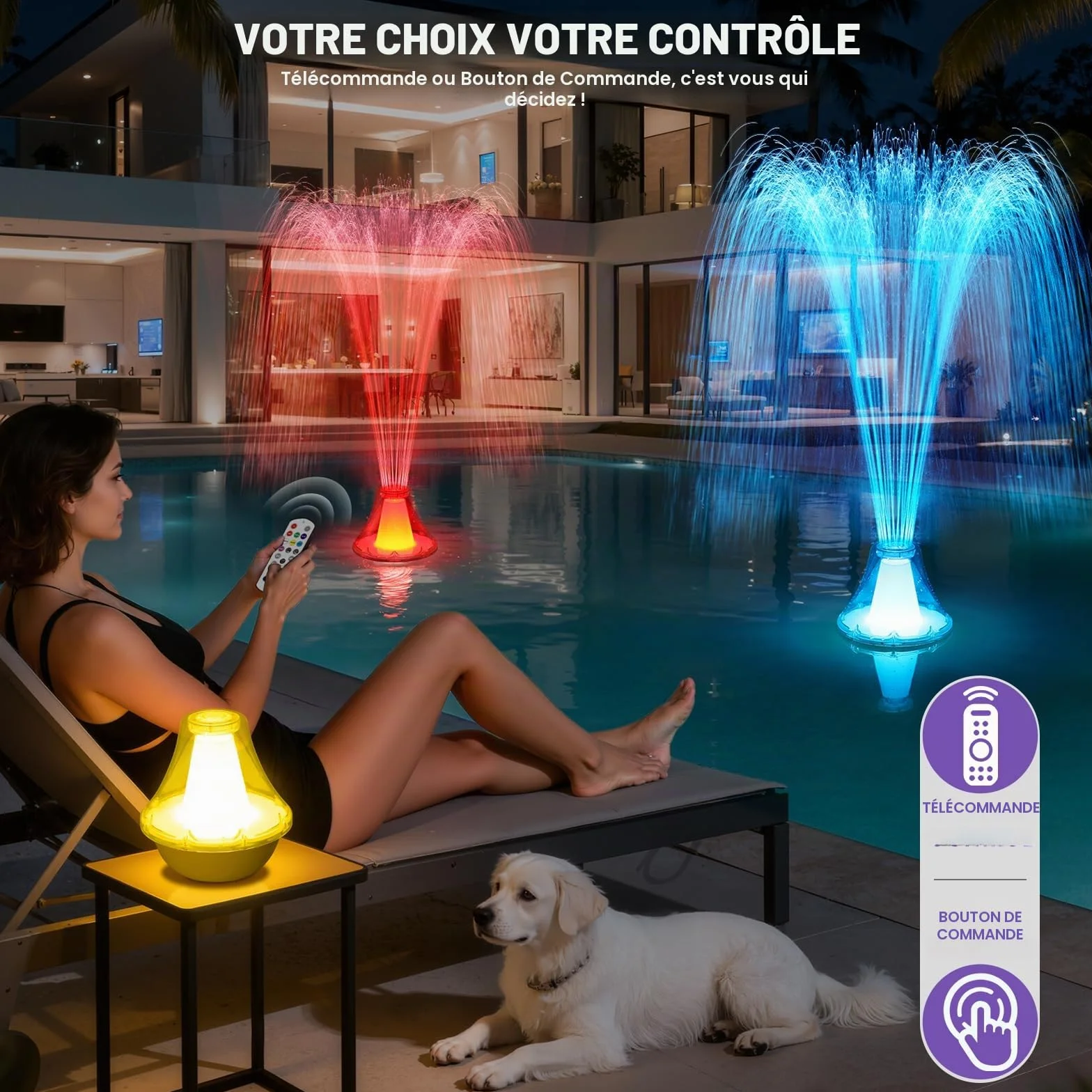 KingSom Fontaine Flottante Piscine Rechargeable avec Lumières Colorées, Télécommande, 3 Modes Pulvérisation & 10 Modes Lumière