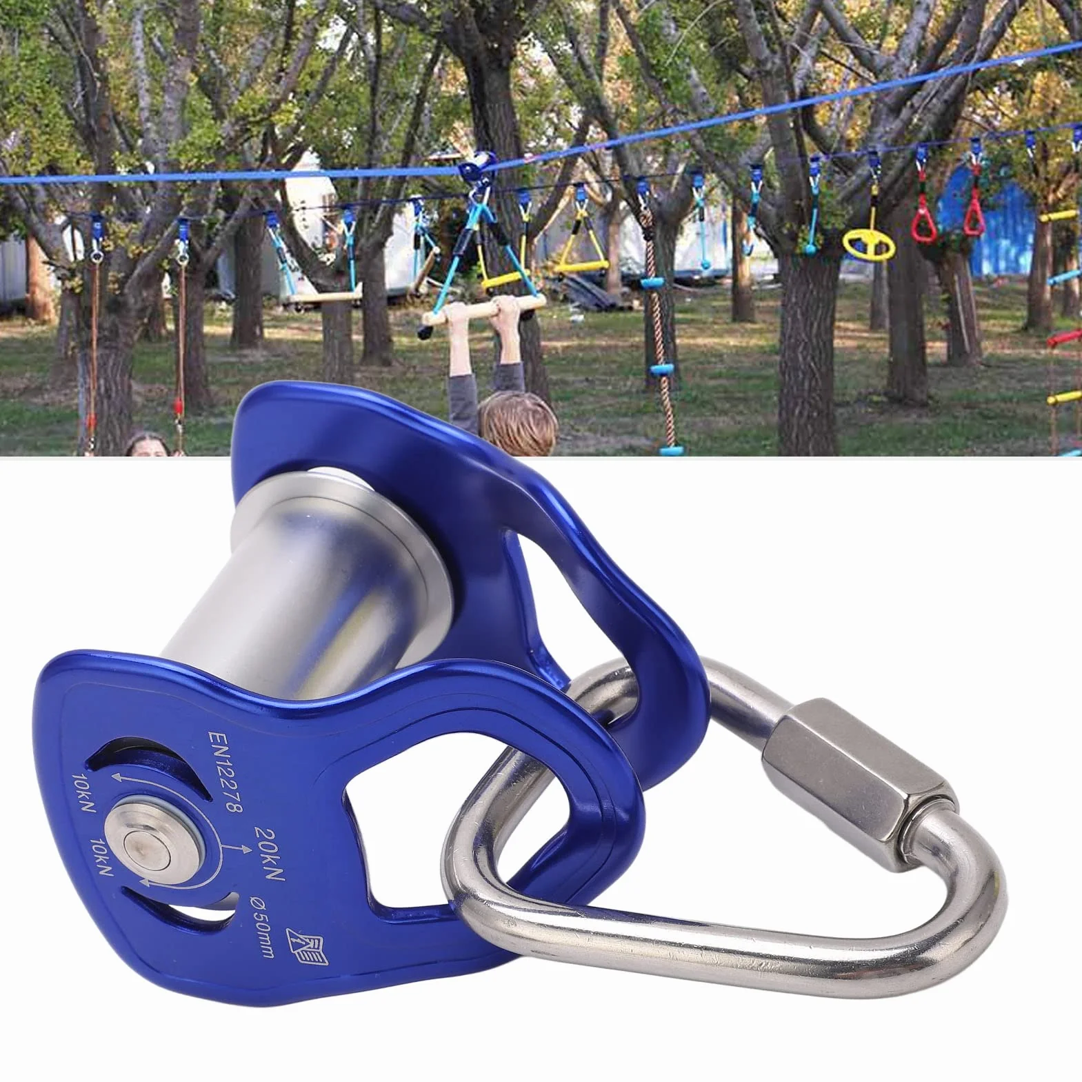 Drfeify Poulie de Slackline, Poulie de Tyrolienne Coulissante de Poulie de Sport en Plein Air pour la Formation de Parcours d'obstacles pour Enfants Adultes, Bleu
