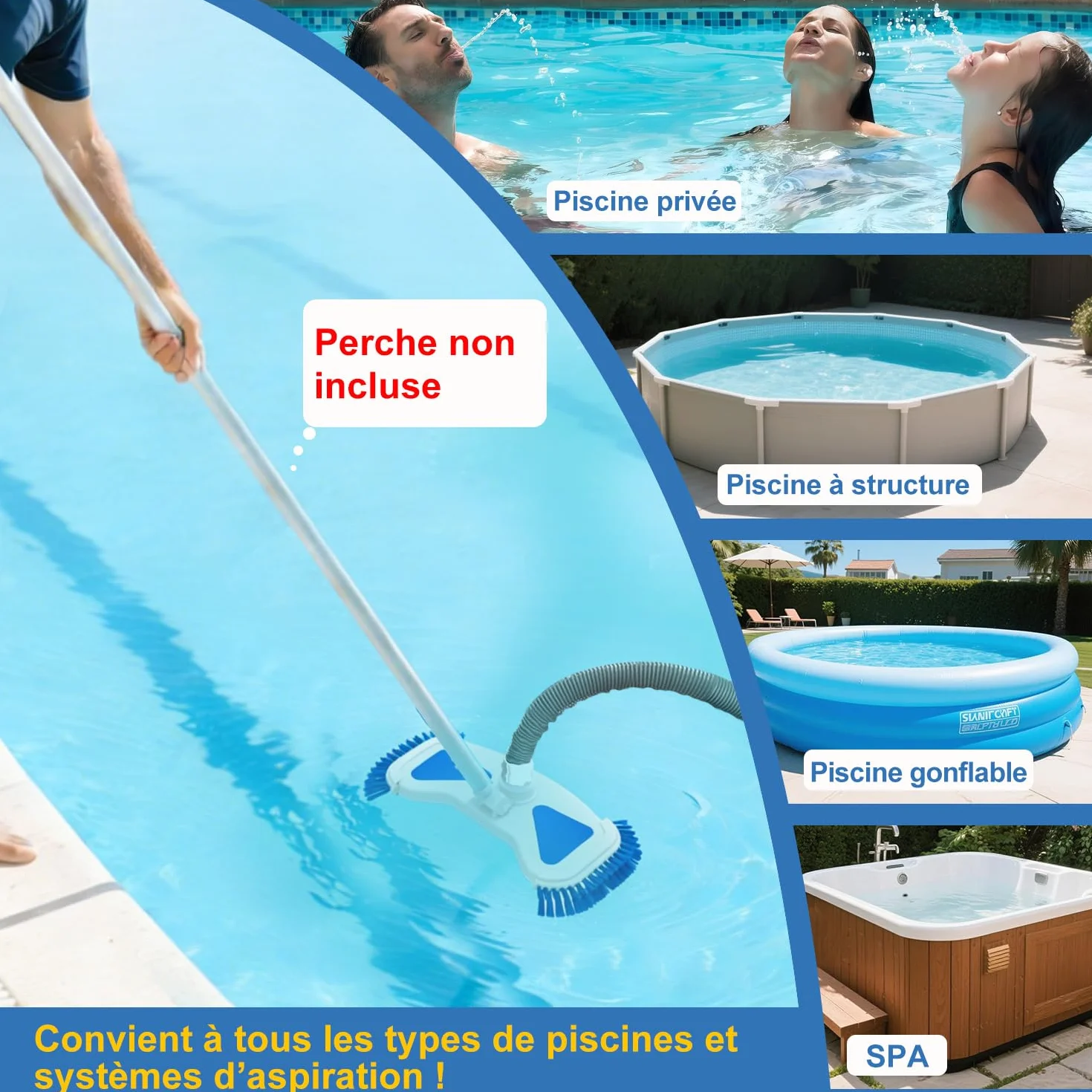 Brosse de Piscine avec Raccord d'Aspiration 35 cm, Tête d'Aspirateur de Fond, Raccord Rotatif 32-38 mm