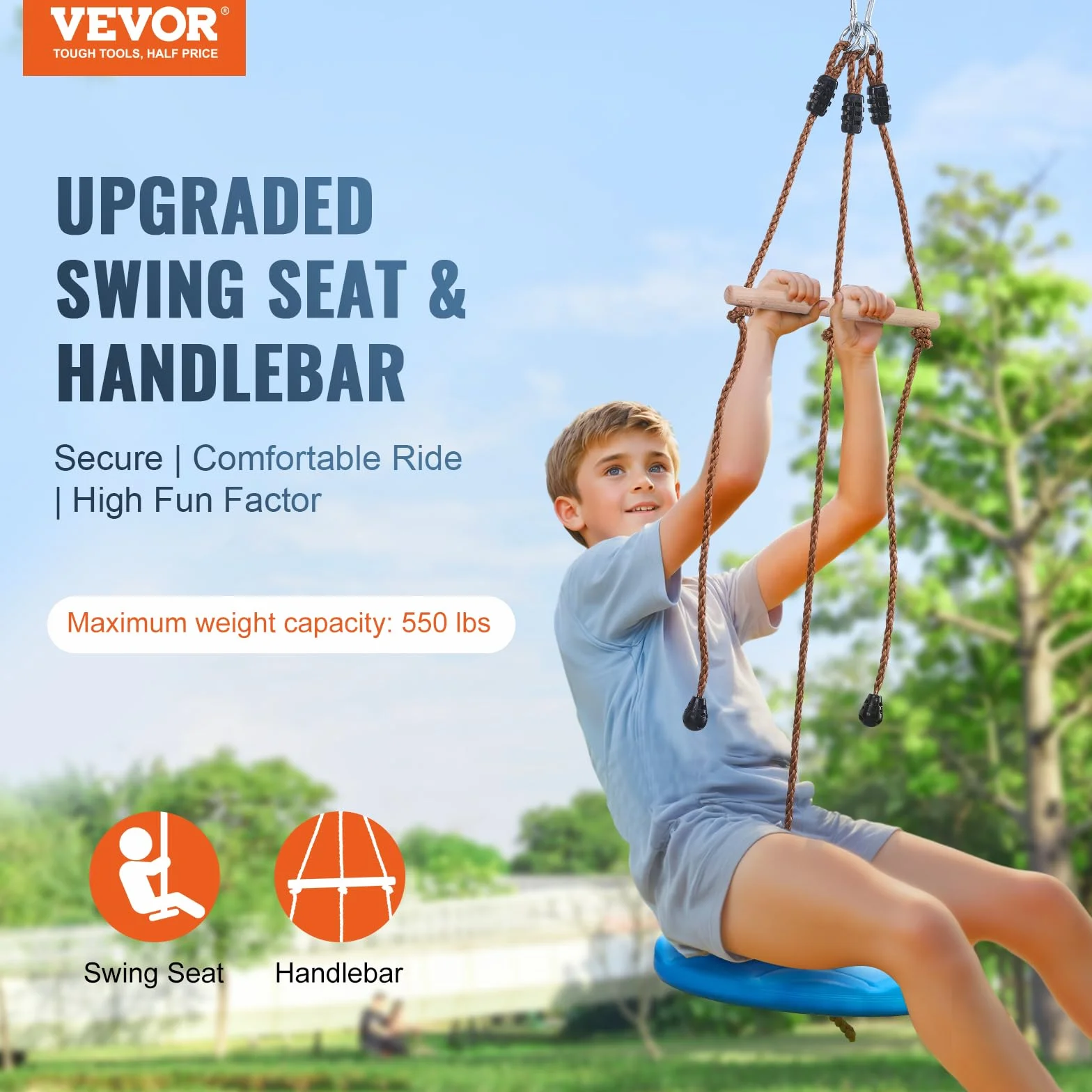 VEVOR Tyrolienne pour Enfants et Adultes 15,8 m, Kit de Tyrolienne Complet Charge 227 kg, Configuration Facile, avec Harnais de Sécurité en Nylon, Siège et Guidon, pour Jardin Arrière-Cour Extérieur