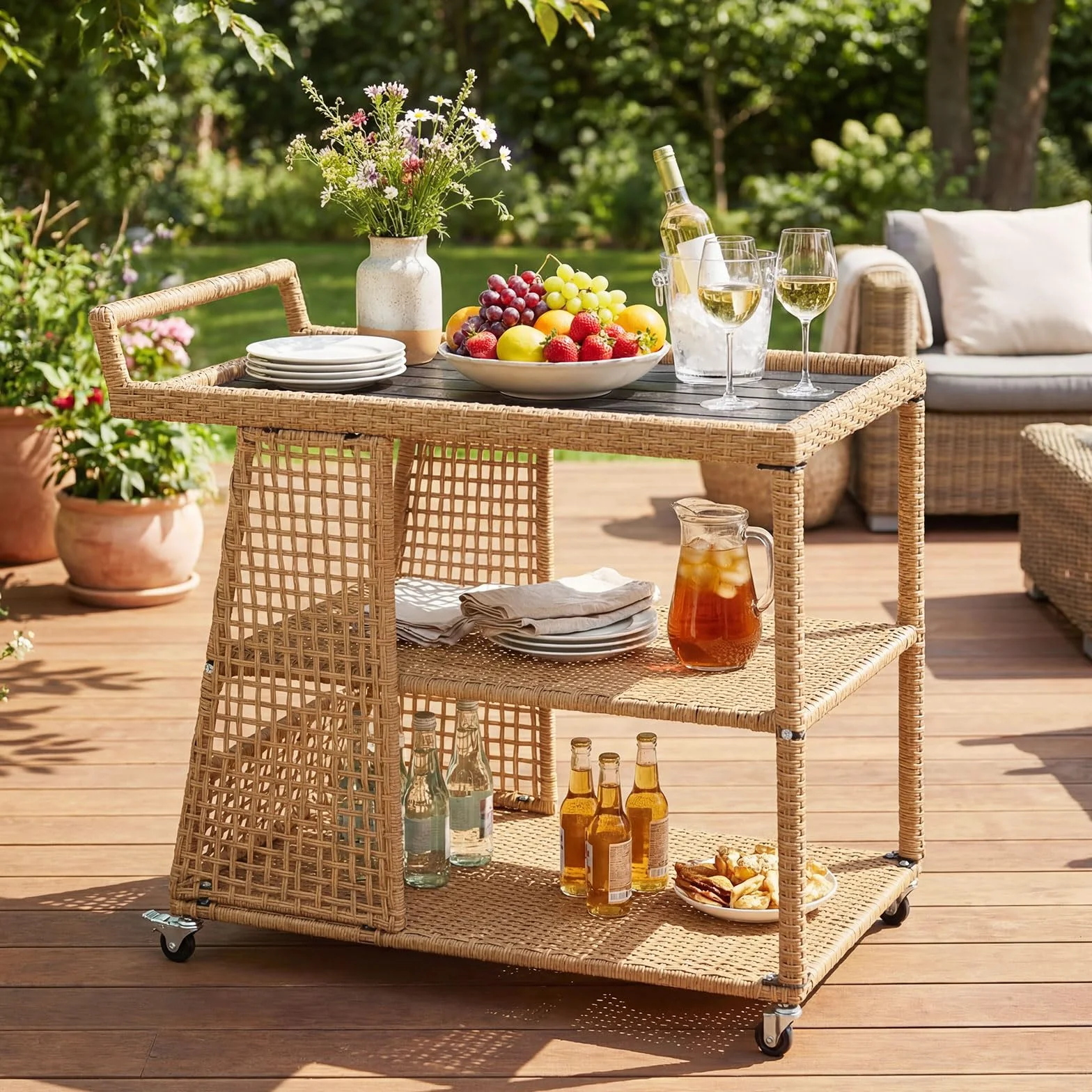 COSTWAY Desserte Exterieur en Rotin PE 3 Niveaux, Chariot de Bar Jardin à roulettes avec Plateau Large