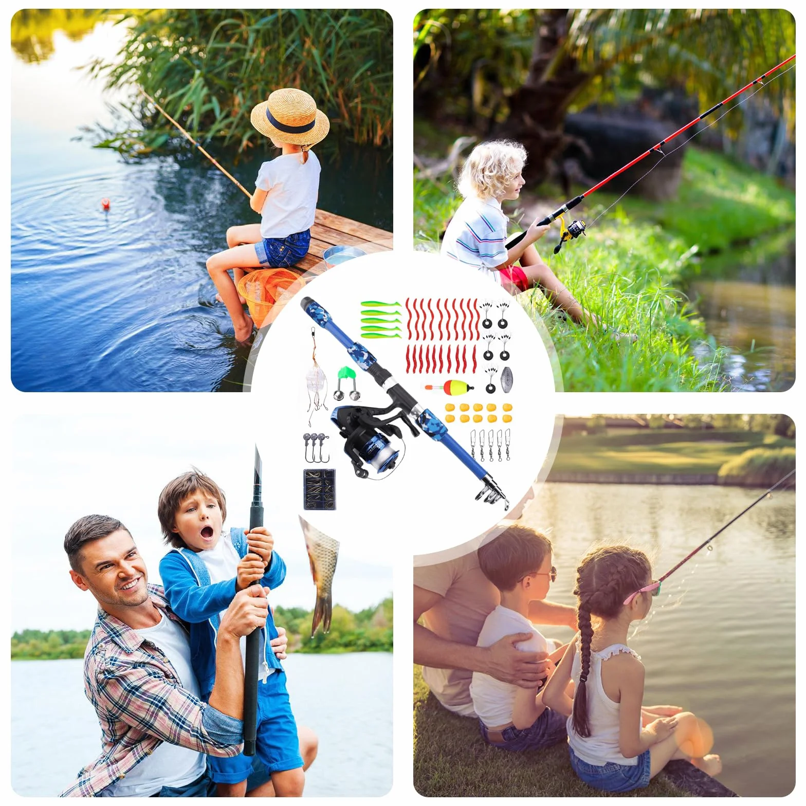Kit de pêche pour enfants de 3 à 10 ans - Avec moulinet et leurres - Kit de démarrage de 1,8 m - Canne à pêche télescopique en fibre de carbone et moulinet de ligne de pêche - Accessoires de pêche