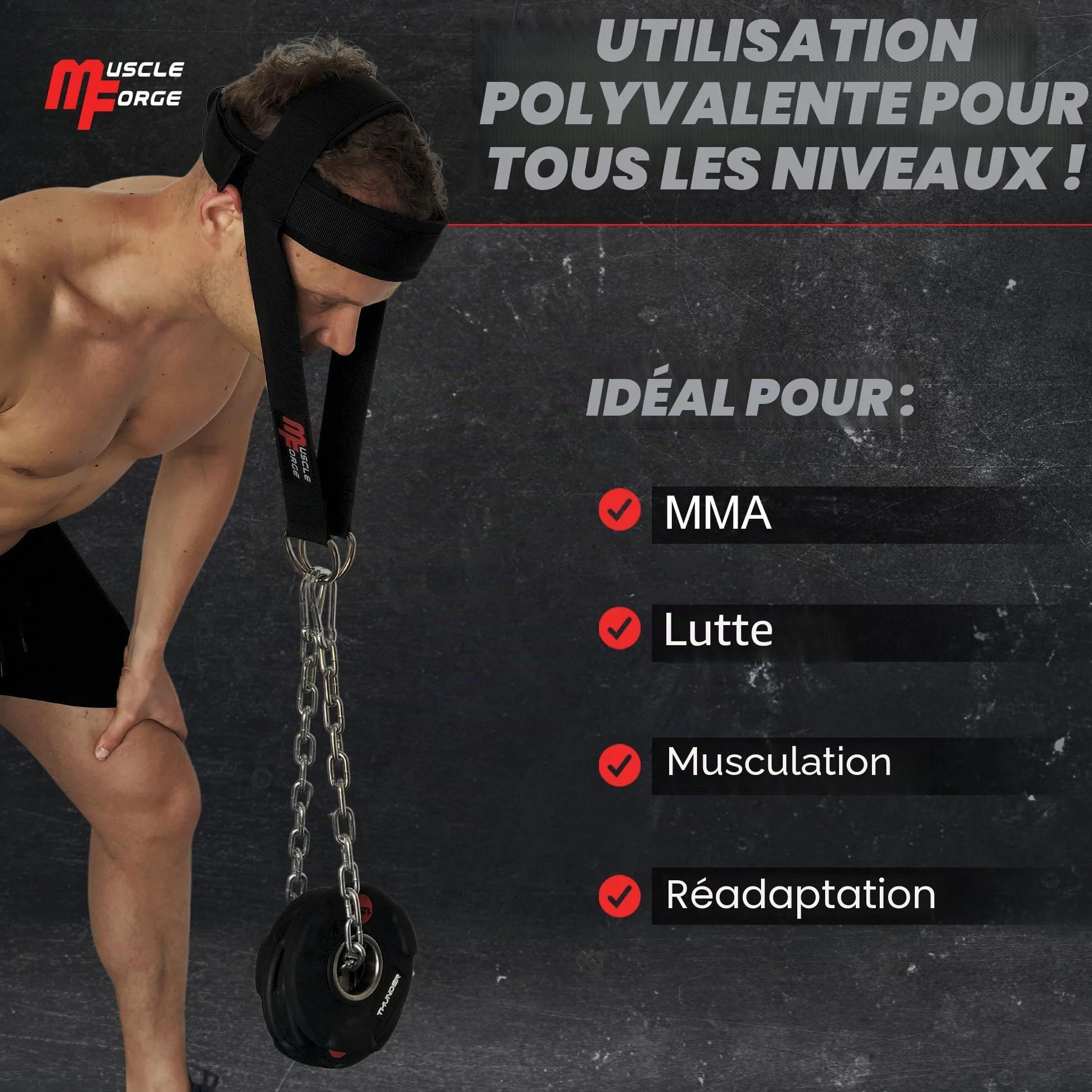 Harnais Cou Musculation 240 kg - Harnais Tête Néoprène Réglable avec Chaîne Acier - Neck Training Boxe MMA Lutte