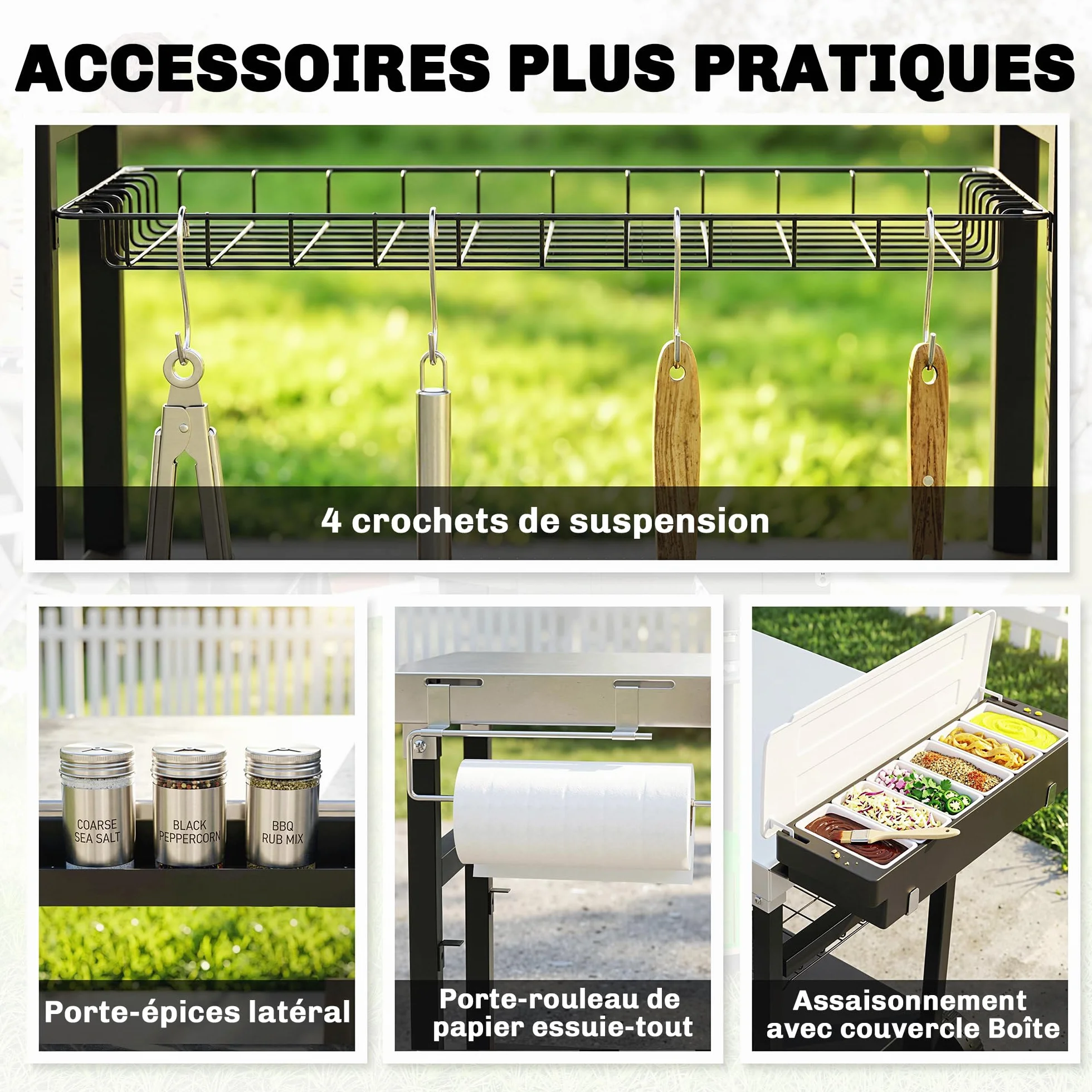 Outsunny Chariot Barbecue 3 Niveaux Inox avec Plan de Travail, Panier Amovible, Noir