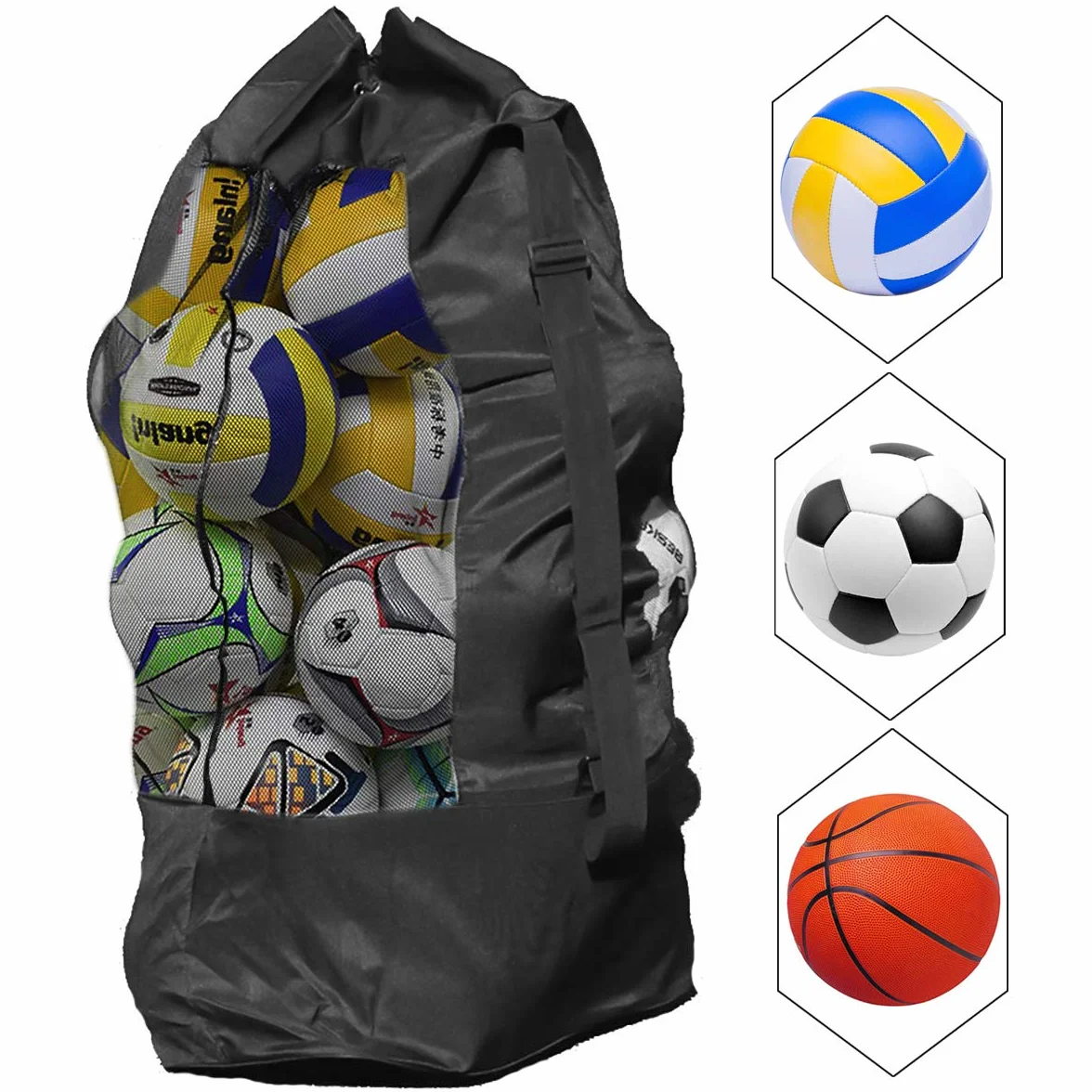 Sac à Ballons de Foot - Grand Capacité 10-15 Ballons Sac de Transport pour Basket-Ball Football Volley-Ball Sac Bandoulière Rangement des équipements de Sport Plage - Noir