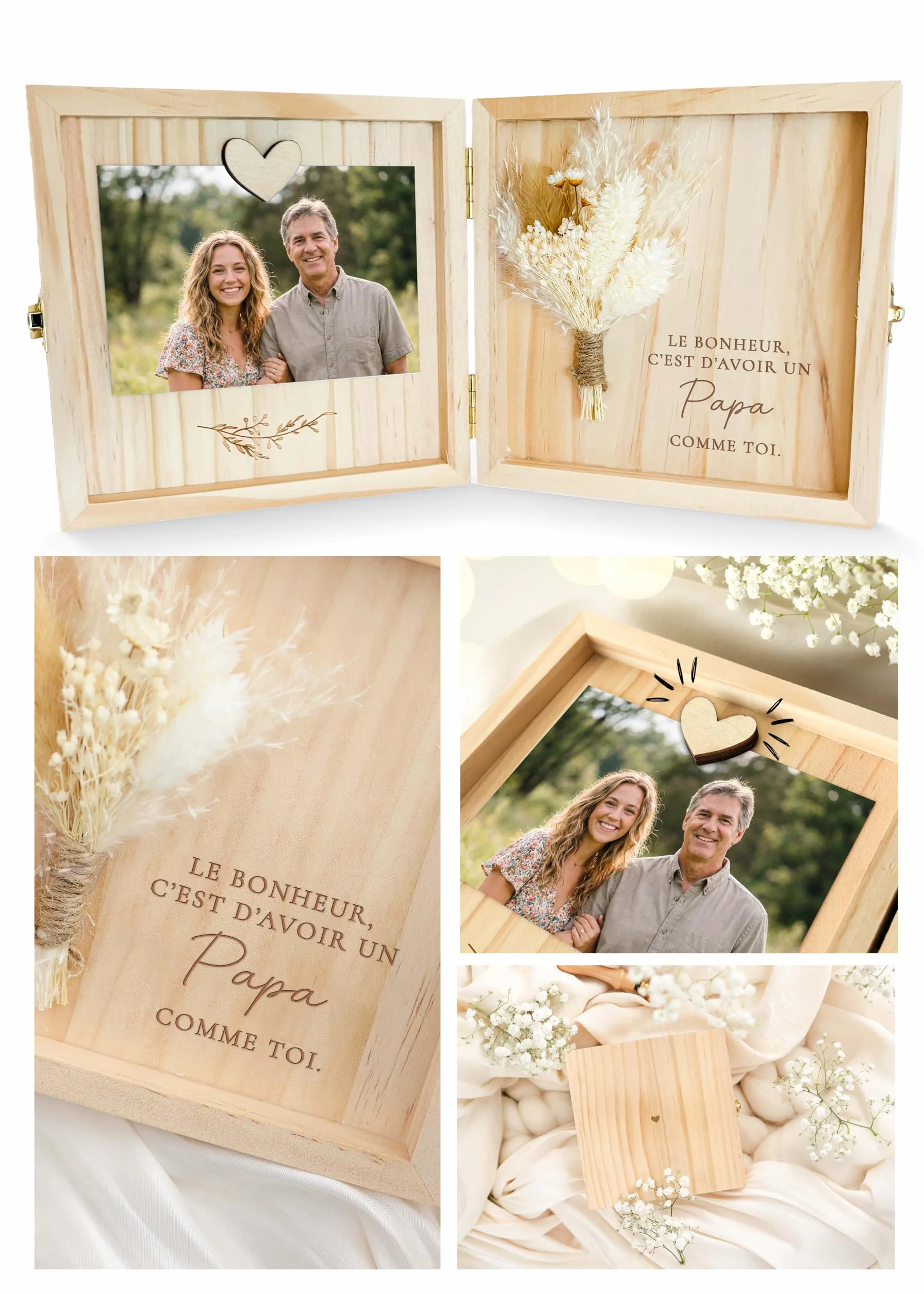Coffret cadeau papa en bois 14 x 14 x 3 cm - Le bonheur c'est d'avoir un papa comme toi