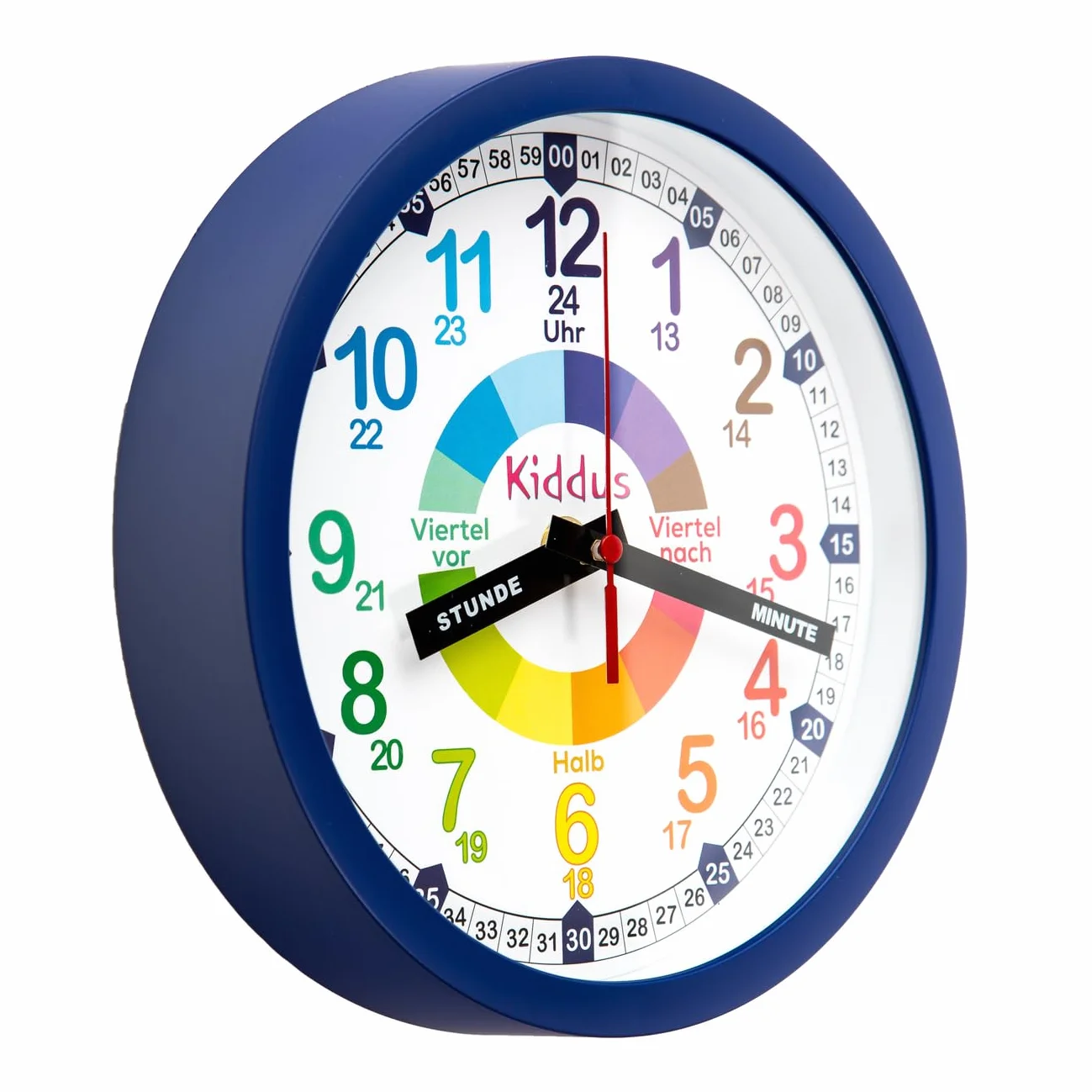 Kiddus Horloge Murale Enfant Apprendre l'Heure 30cm Aiguilles Inscrites Heure Minute Silencieuse Chiffres Colorés