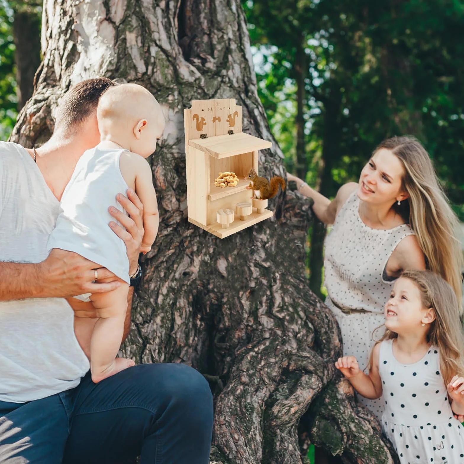Mangeoire à écureuils en Bois pour Arbre extérieur, Capacité, Tamias, Maison d'alimentation Suspendue