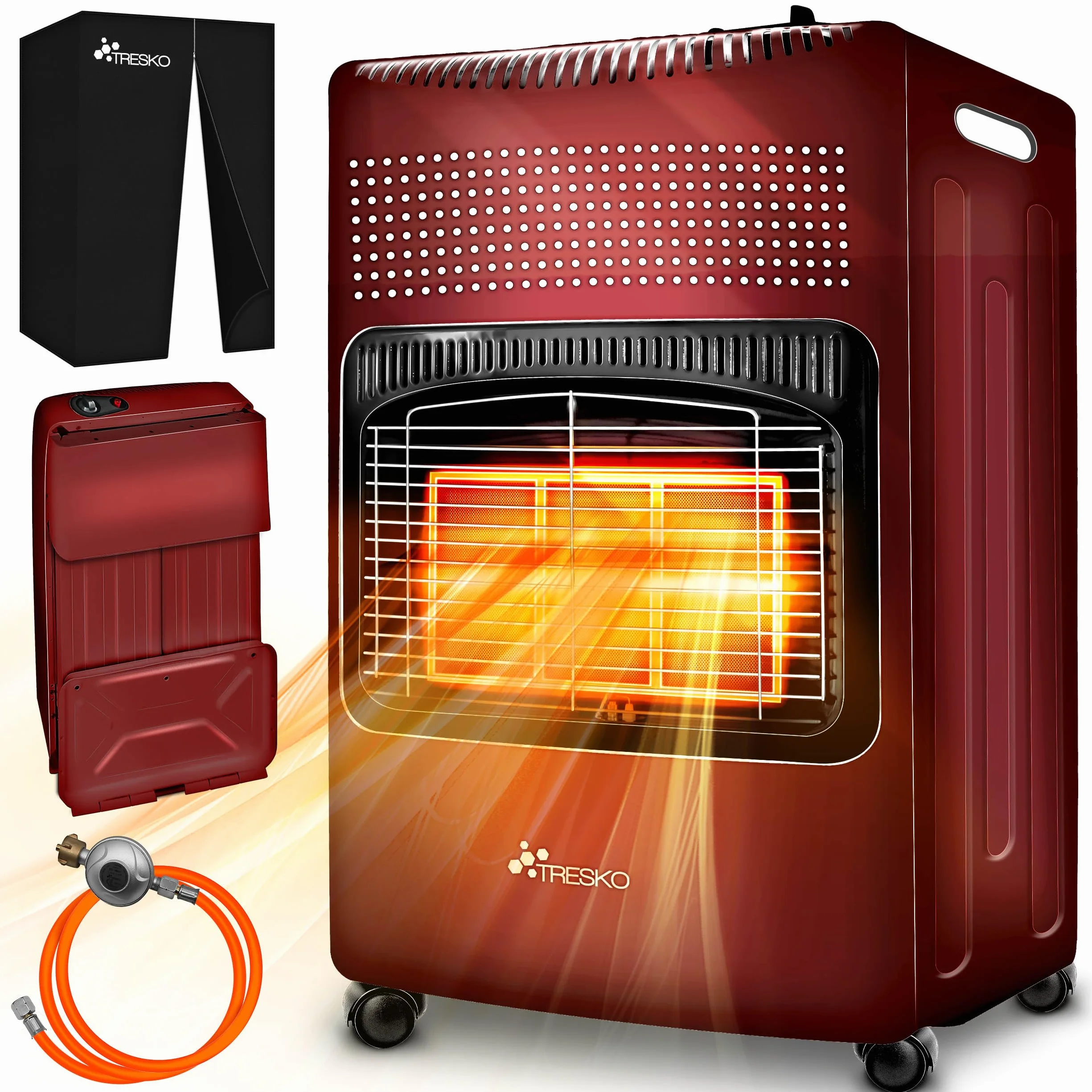 TRESKO Chauffage au gaz portable 4200 W intérieur régulateur de pression tuyau housse protection 3 niveaux chauffage réglables mobile