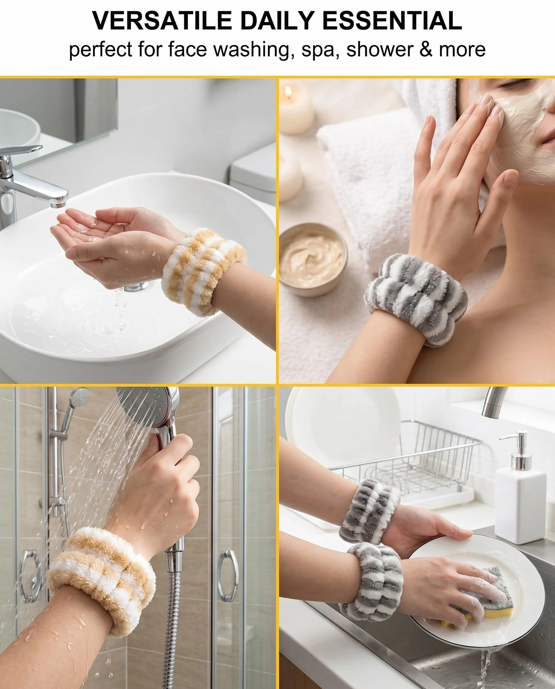Protège-Poignets Microfibre Absorbants 2 Paires Anti-Goutte Lavage Visage Maquillage Spa Douche Jaune-Blanc Gris-Blanc