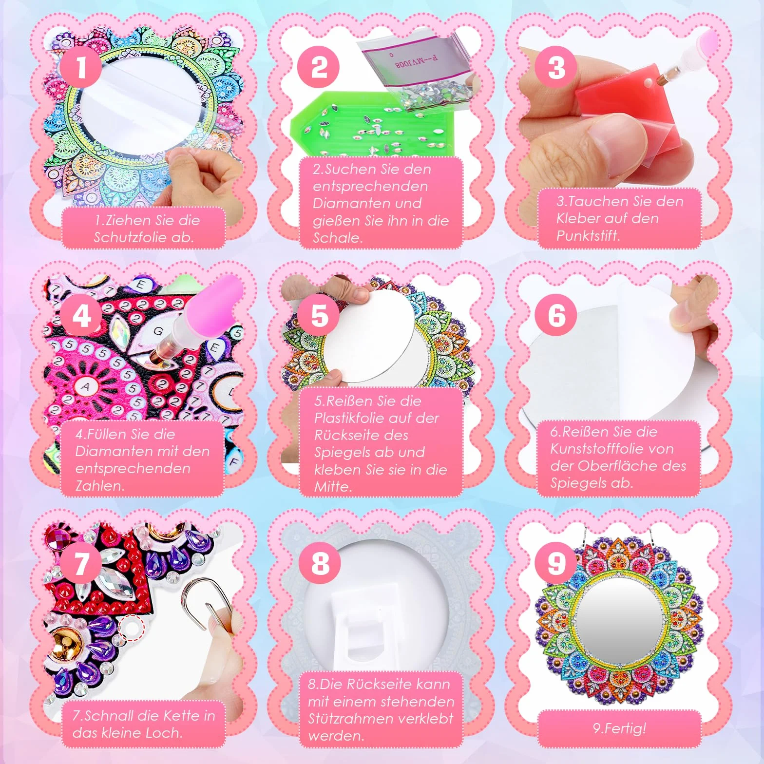 Diamond Painting Miroir Maquillage Jouet Fille 5-12 Ans Loisirs Créatifs Mandala Decoration Murale