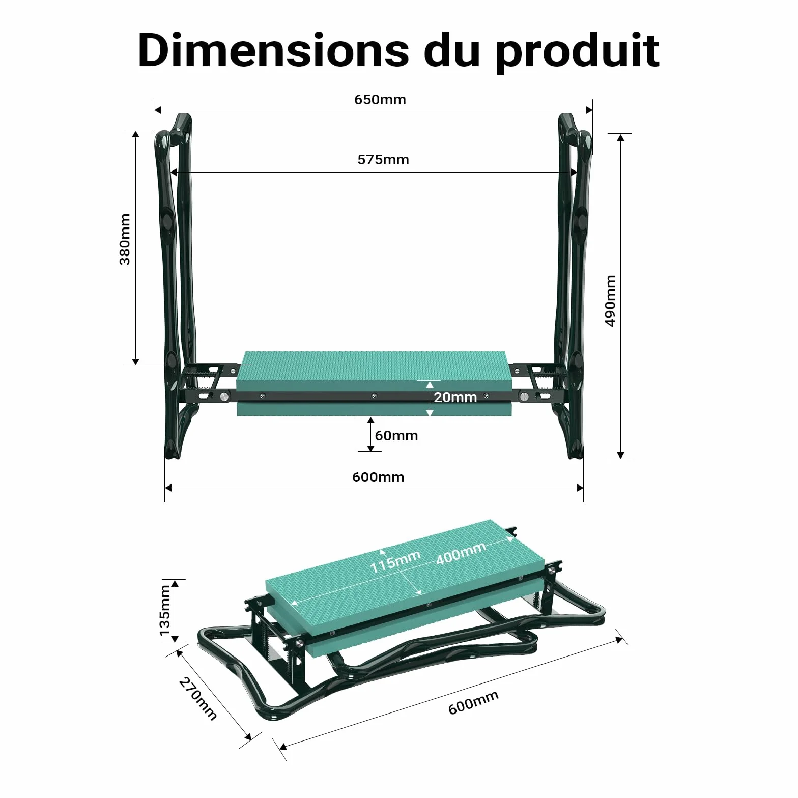 WilTec Tabouret de Jardinier 2 en 1 Pliable 600x280x490 mm 150 kg Fer EVA Agenouilloir Jardinage avec Poche
