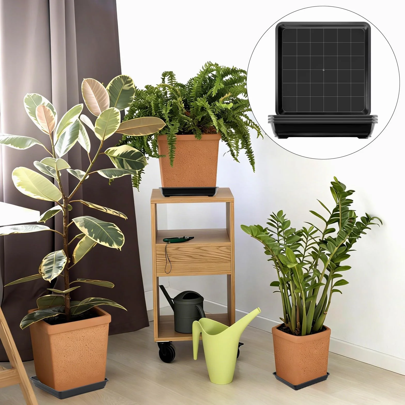 Soucoupe Carrée 35x35cm Noir Plastique Pot de Fleur Extérieur Intérieur 4 Pièces
