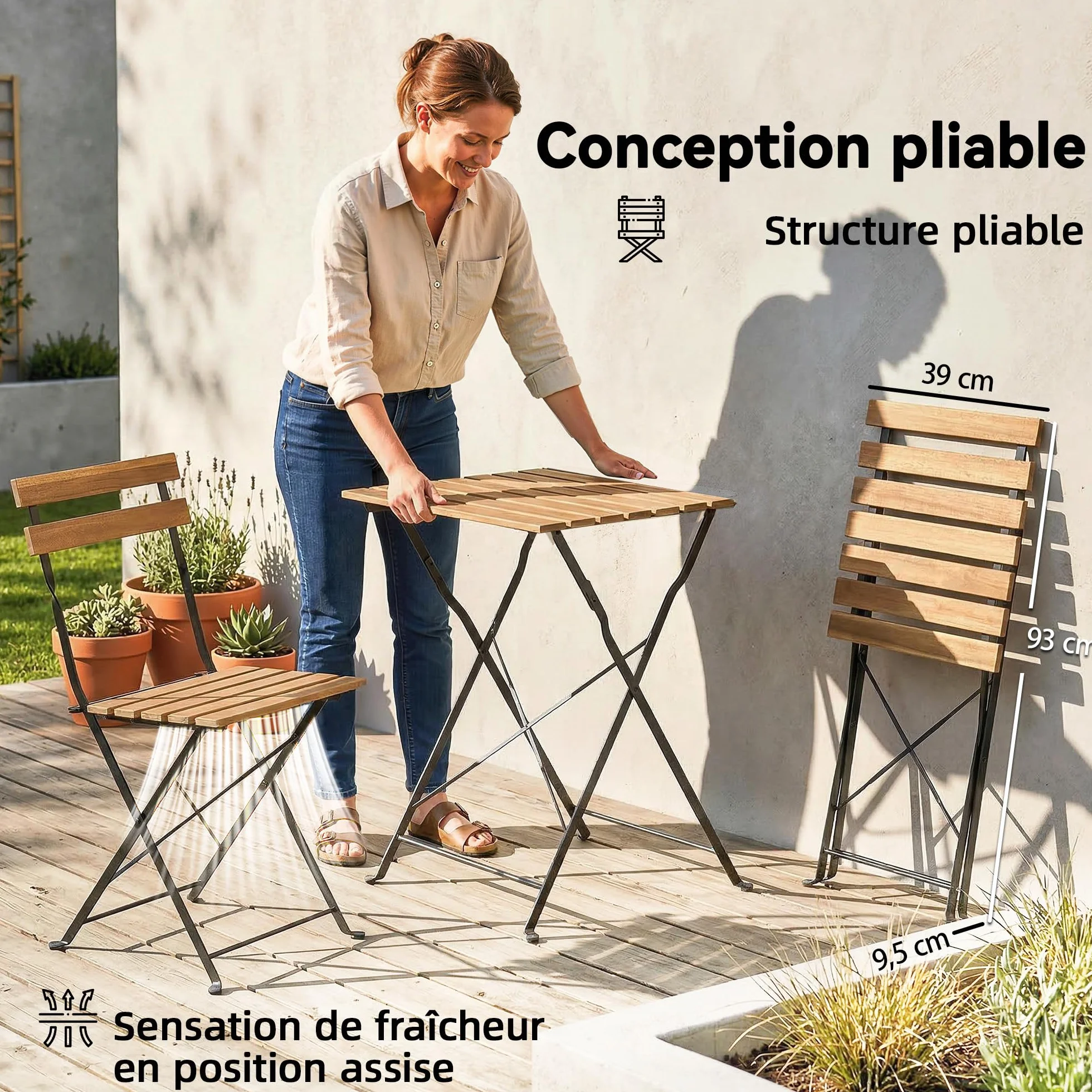 Outsunny Ensemble de Salon de Jardin 3 Pièces, Table Carrée en Bois d'Acacia, 2 Chaises Pliantes, Cadre Métal, Naturel