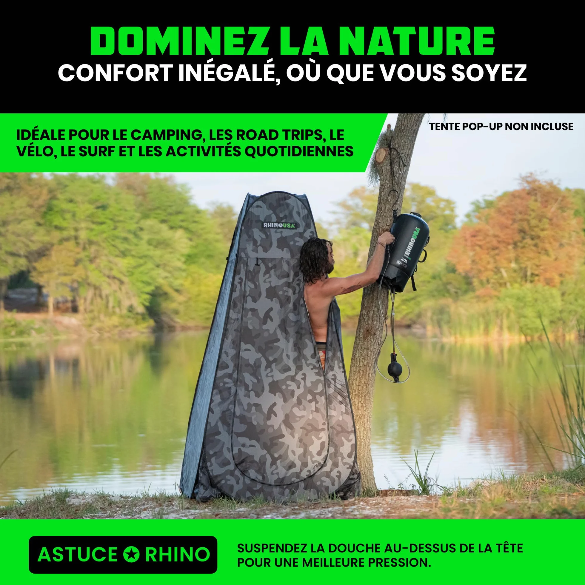 Rhino USA Douche solaire portable de 20 L - Indispensable pour le camping, les festivals, les voyages à la plage, la douche en plein air et plus encore
