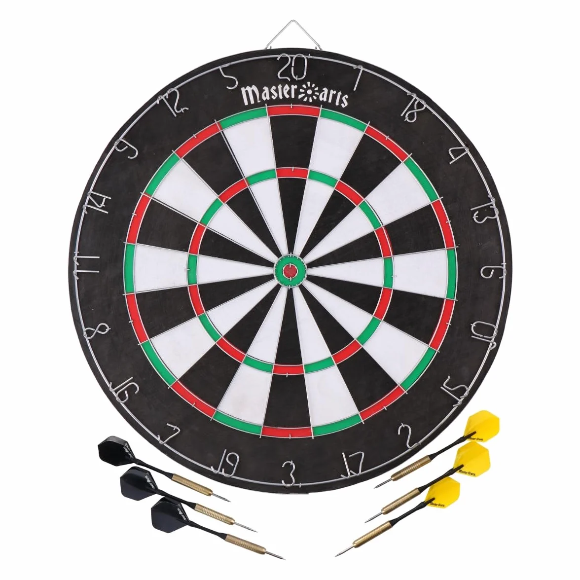 MasterArts Cible Fléchette – Jeu de Flechette 45 cm – avec 6 Projectiles À Pointe Métallique – Cible Double‑Face – avec Crochet De Suspension – Amusement chez Soi Ou Pub
