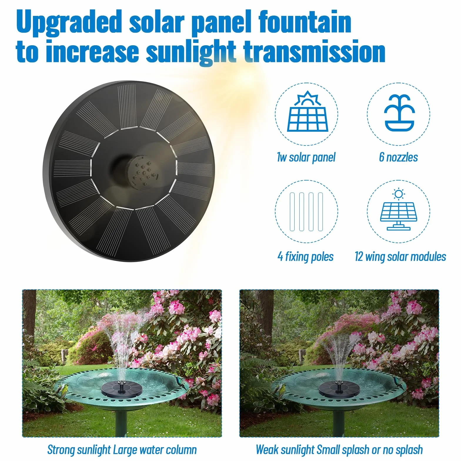 Fontaine Solaire pour extérieur, Pompe de Bassin Solaire, 6 Effets de pulvérisation, 1 W