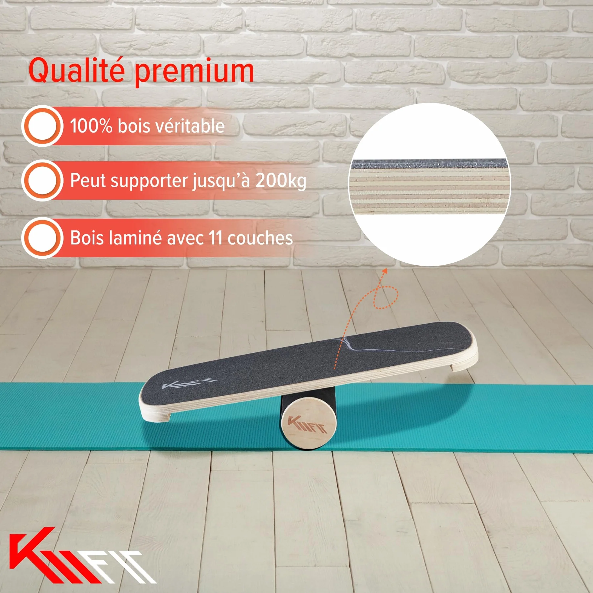 Planche d'équilibre en bois KM-Fit pour entraînement de force et équilibre