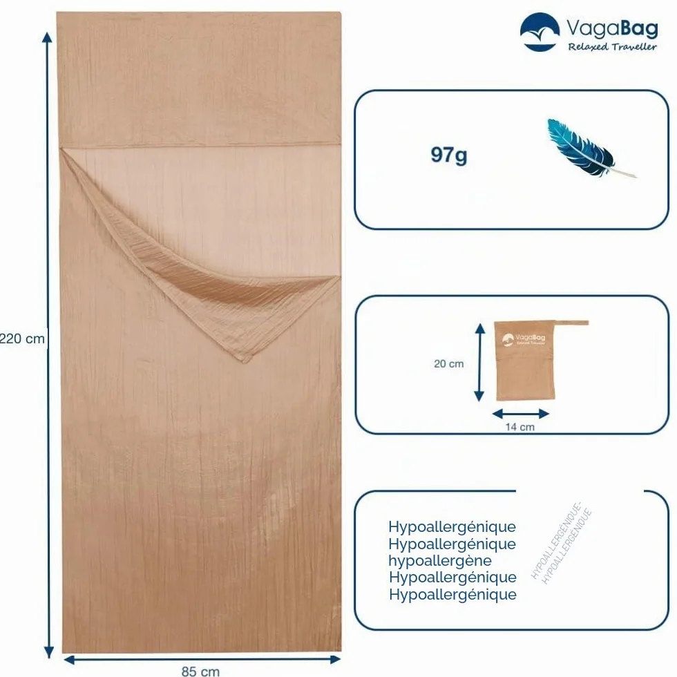 Drap de Sac de Couchage en Soie Naturelle, Sac à Viande rectangulaire, Drap de Voyage 85x220 cm à Utiliser Seul ou dans Votre Sac de Couchage