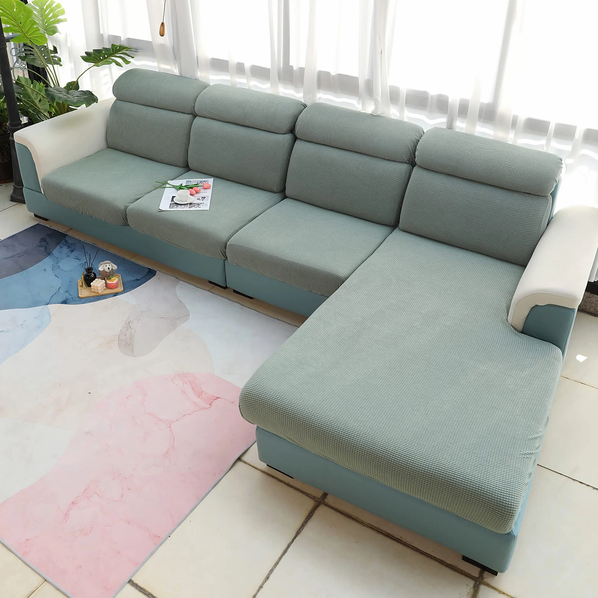 Housse de Coussin de Siège de Canapé Élastique à Carreaux Antidérapant