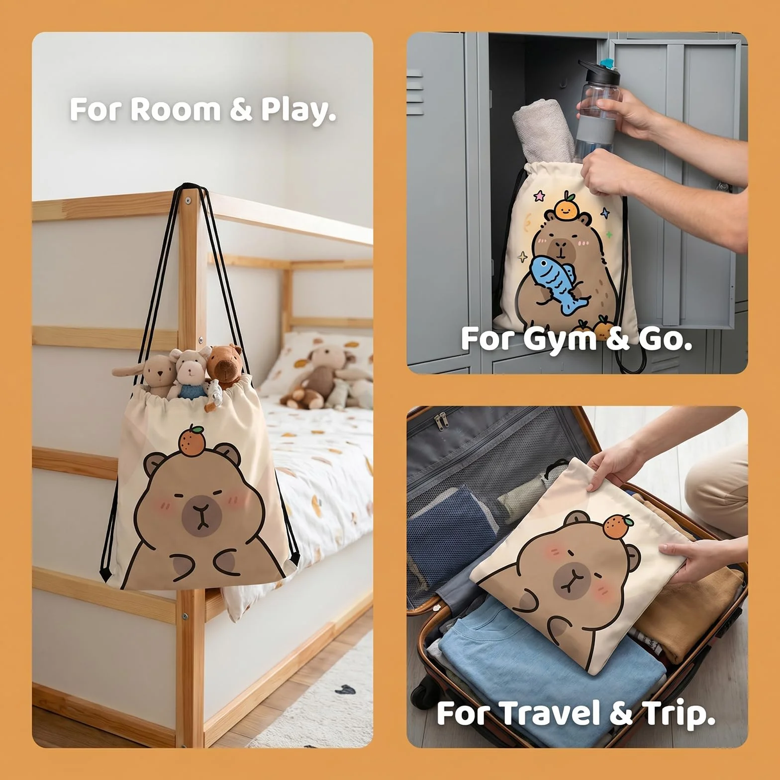 Sacs à Dos Sport à Cordon – Noir et Bleu Marine, Sac de Sport avec Bandes Réfléchissantes, Compartiment à Chaussures & Séparation Sec Humide, Sac Imperméable pour Hommes Femmes (Capybara 3)