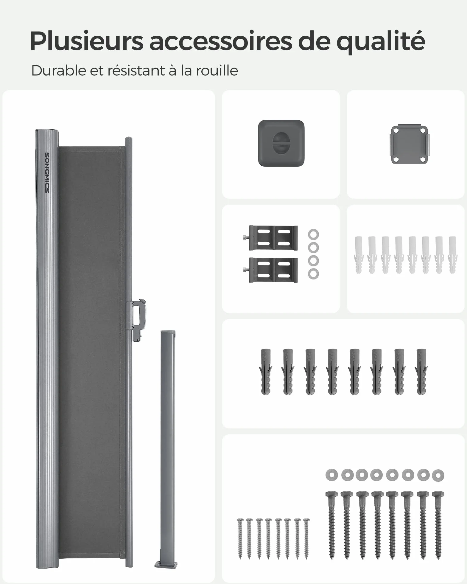 SONGMICS Store Latéral Aluminium Extensible 200x400 cm Brise-Vue Protection Solaire Occultant Balcon Terrasse Jardin Anthracite