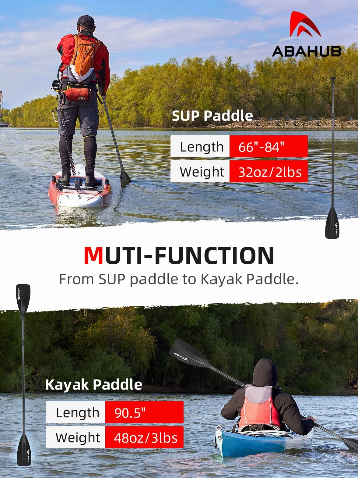 Abahub Pagaie Paddle / 2 en 1 Sup Kayak Pagaie Paddle Aluminium Pagaie Paddle Rame Réglable Léger pour Paddleboard, Télescopique 173-213cm avec Revêtement PU Plastique Nylon Lame Noir/Bleu/Vert/Orange