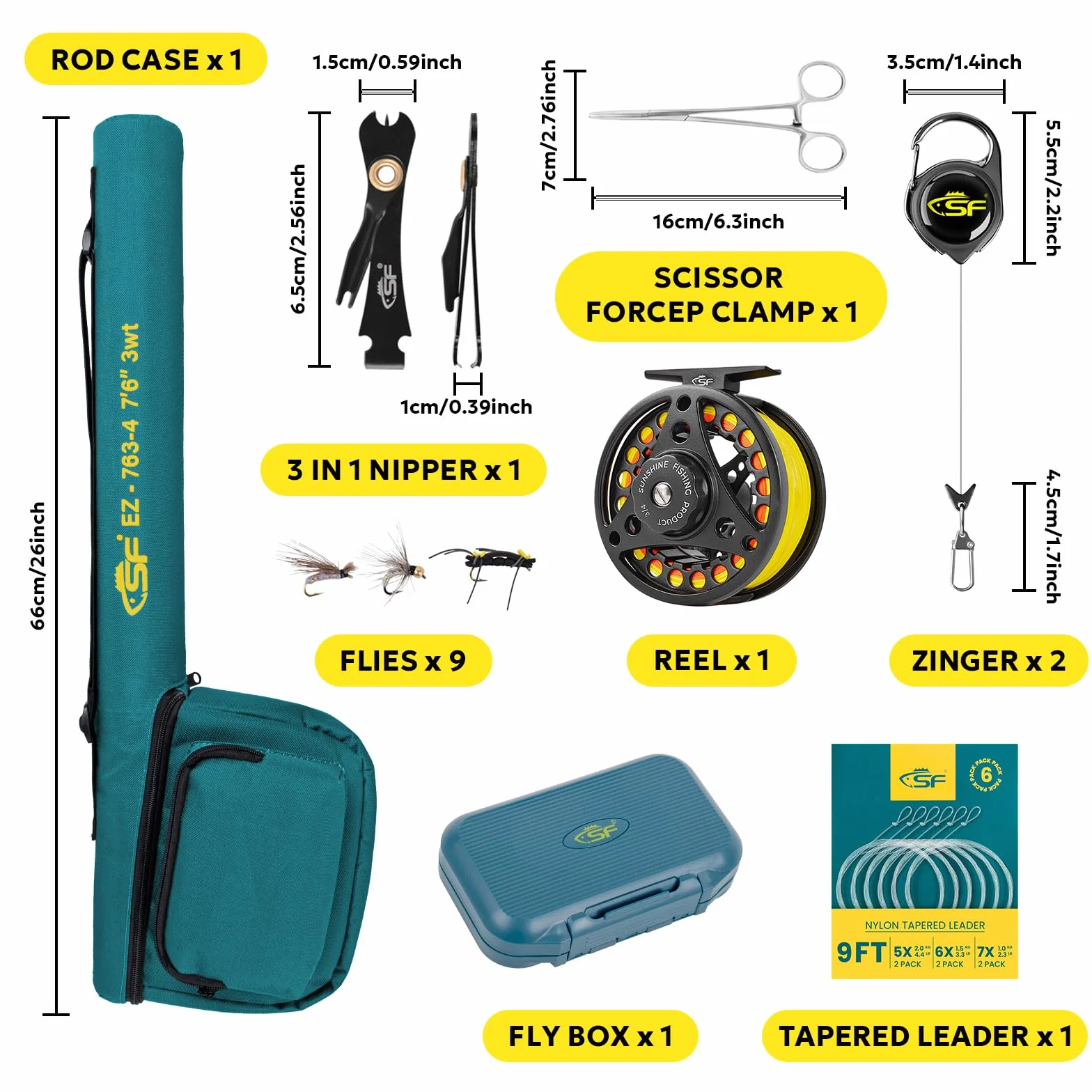 SF Lot de 4 cannes à pêche à la mouche en fibre de carbone 24T 3 WT 2,3 m, 4 WT 2,4 m, 5/6/7/8 WT 2,7 m Vert émeraude 24T Canne en fibre de carbone avec étui, moulinet pré-bobiné, boîte à mouches avec