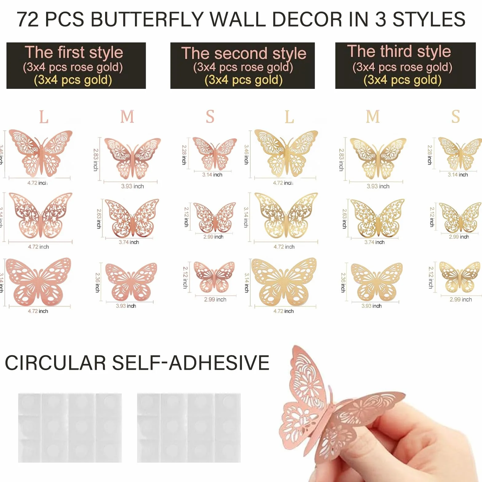72 Pièces Ornements de Papillons 3D, Autocollants Peintures Murales Décoration Murale Chambre Fille Fête Mariage