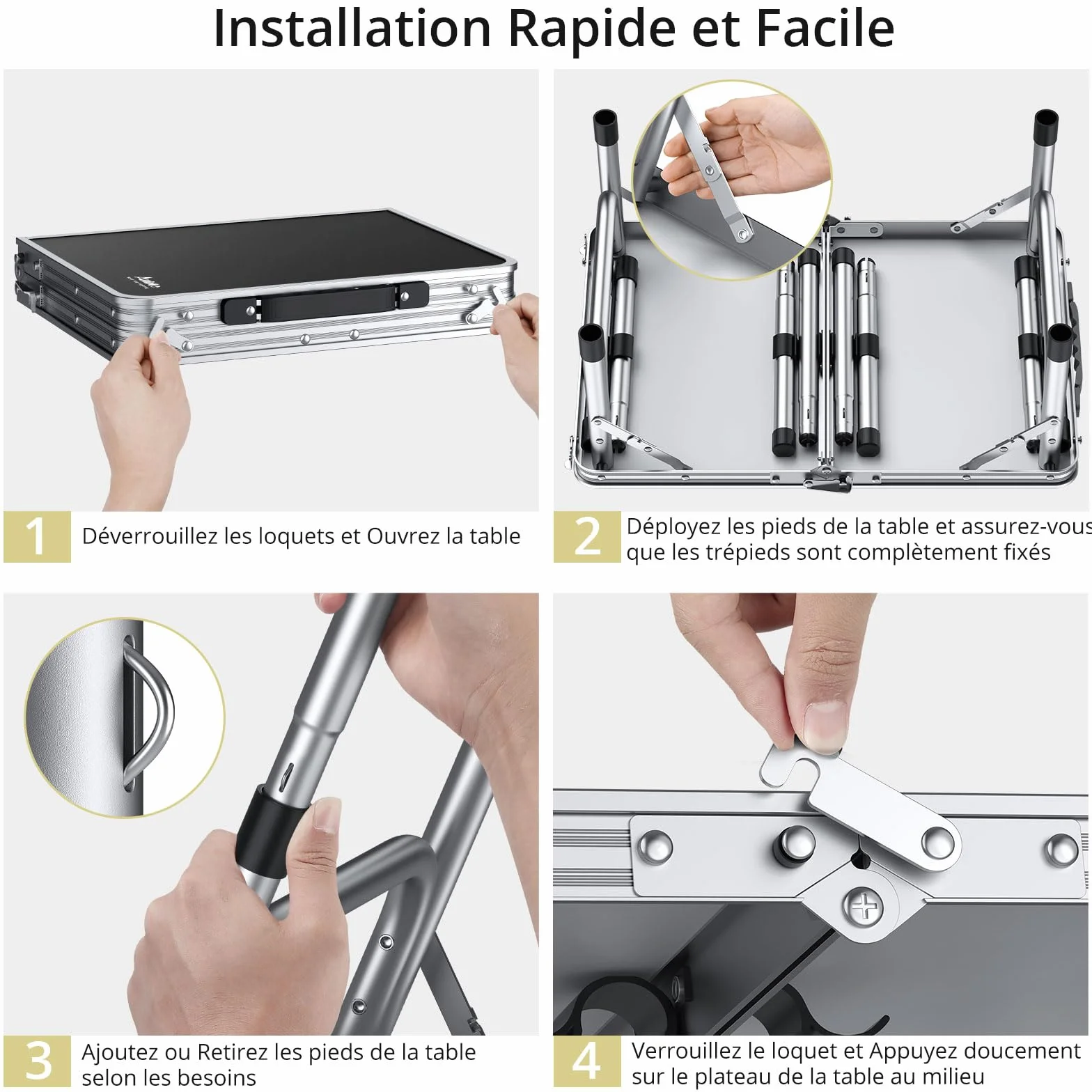 Anbte Table de Camping Pliante avec Rangement Net 3 Hauteurs Aluminium MDF Noir