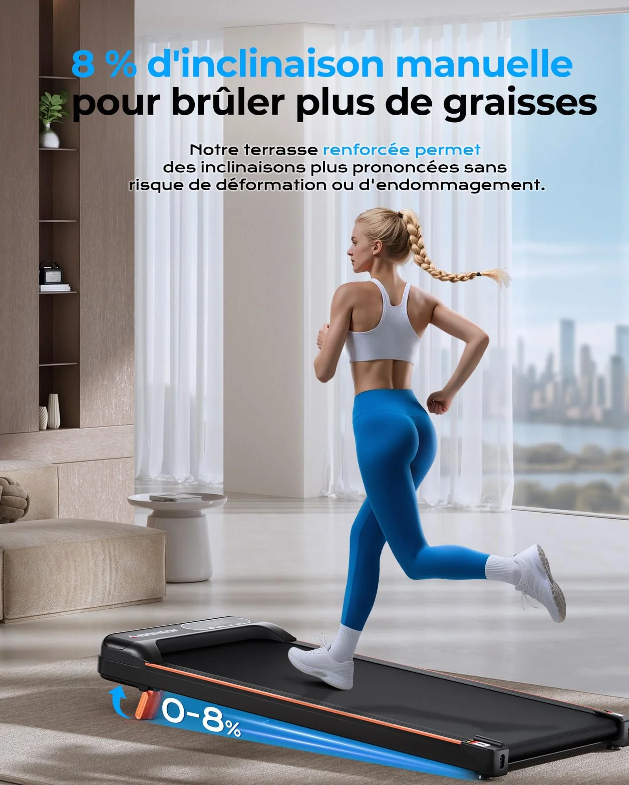 Tapis de Marche avec Inclinaison, 1-6 km/h, 8%, Tapis Roulant Portable à Placer sous Un Bureau, Appareil de Fitness pour la Maison ou Le Bureau, Machine de Marche silencieuse