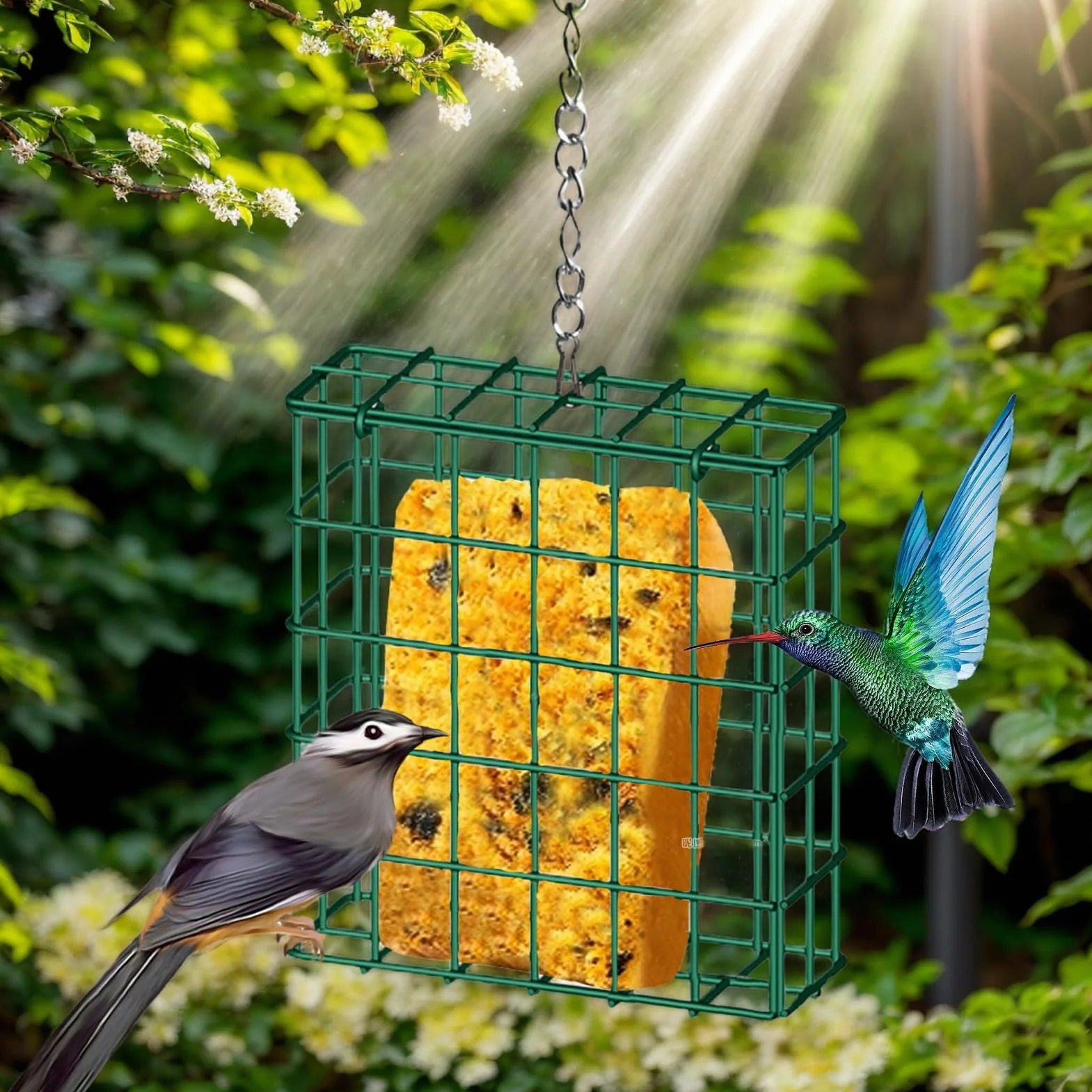 Lot de 2 Mangeoires à Suif Carrées en Fer Résistant aux Écureuils avec Chaîne pour Oiseaux