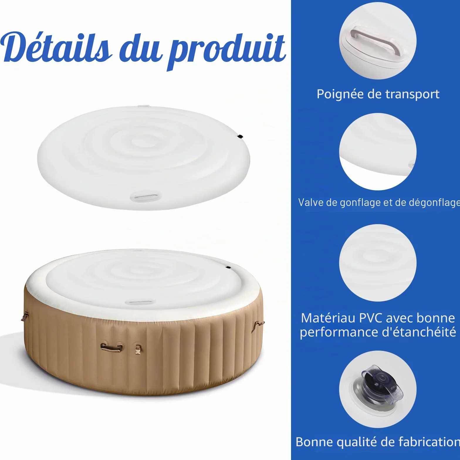 Couvercle de Bain à Remous 138cm PVC Couverture Spa Gonflable Isolation Thermique Pliable Rond Extérieur
