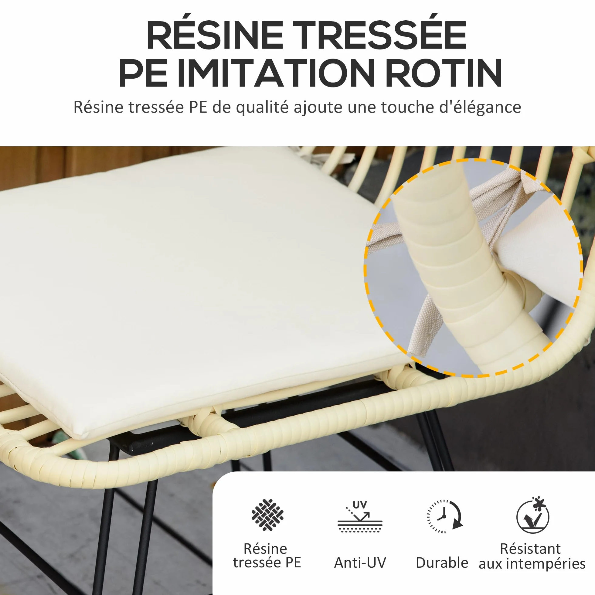 Outsunny Ensemble Bistro Jardin 3 pièces Table Basse Ronde Verre trempé 2 chaises Coussins zippés déhoussables Polyester résine tressée PE métal galvanisé Ø 45 x 50 cm crème