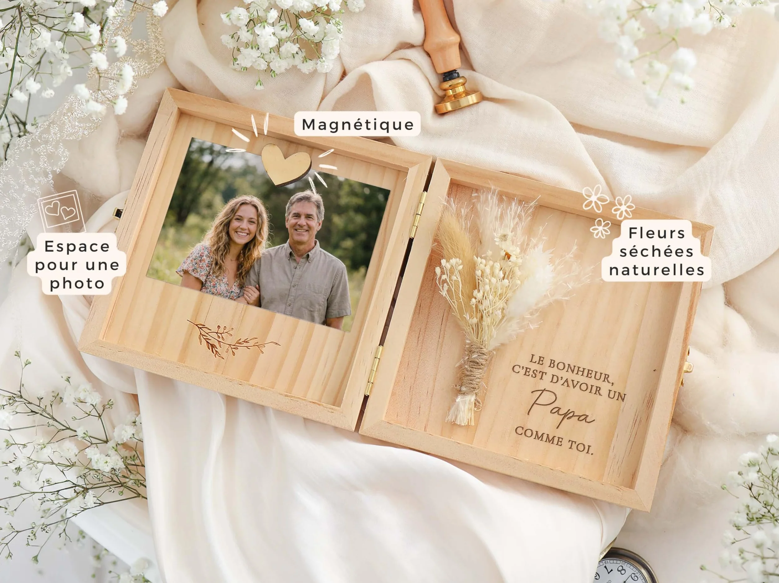 Coffret cadeau papa en bois 14 x 14 x 3 cm - Le bonheur c'est d'avoir un papa comme toi