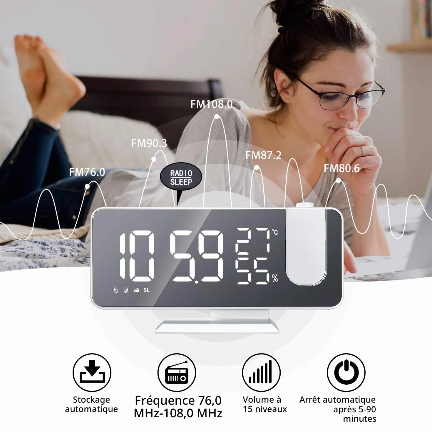 Réveil à Projection 180° Plafond Horloge Numérique Électrique Fonction Snooze 12/24H Volume Réglable Blanc