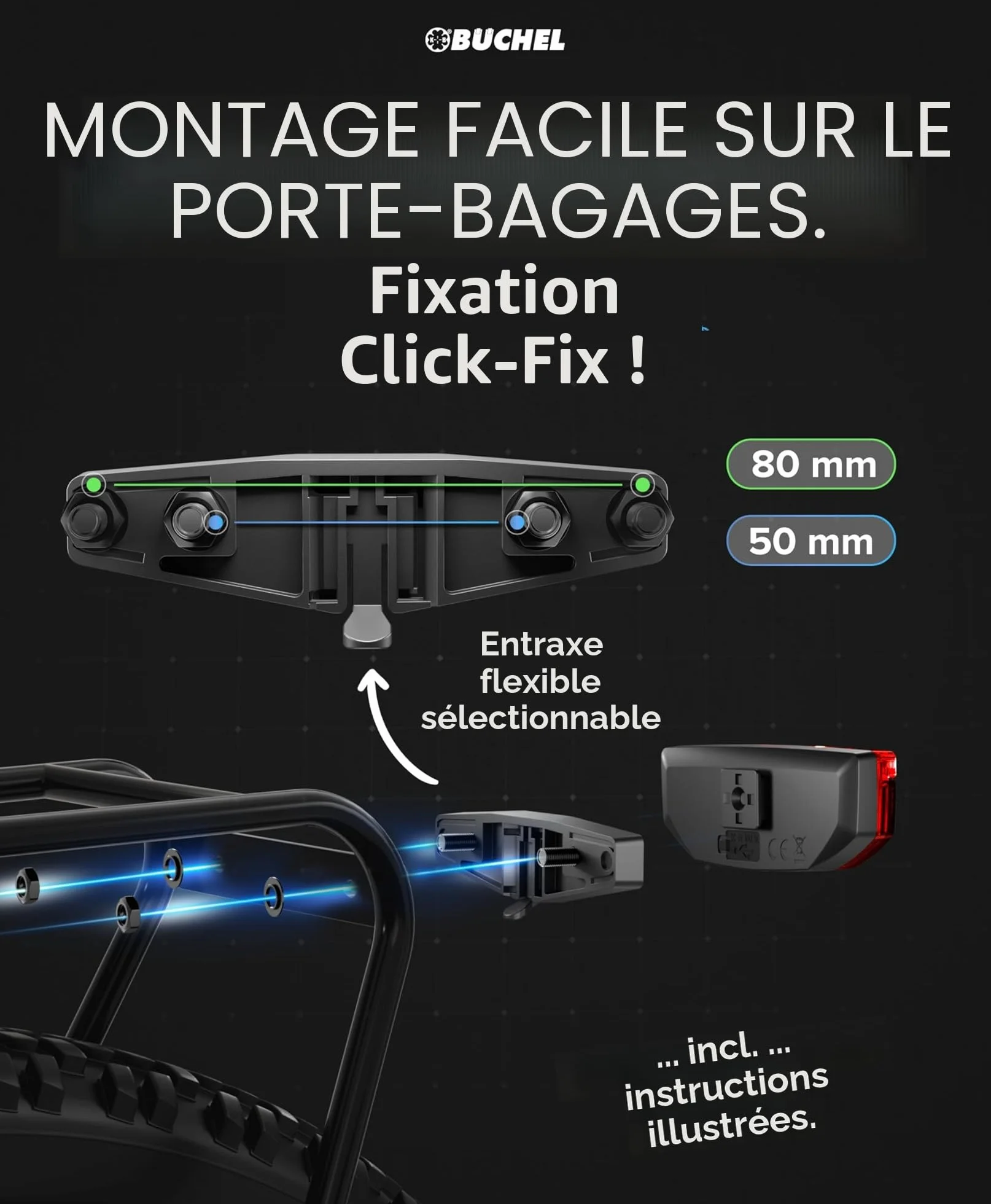 Büchel Feu arrière LED pour porte-bagages – USB-C rechargeable, approuvé StVZO, étanche IPX5, noir