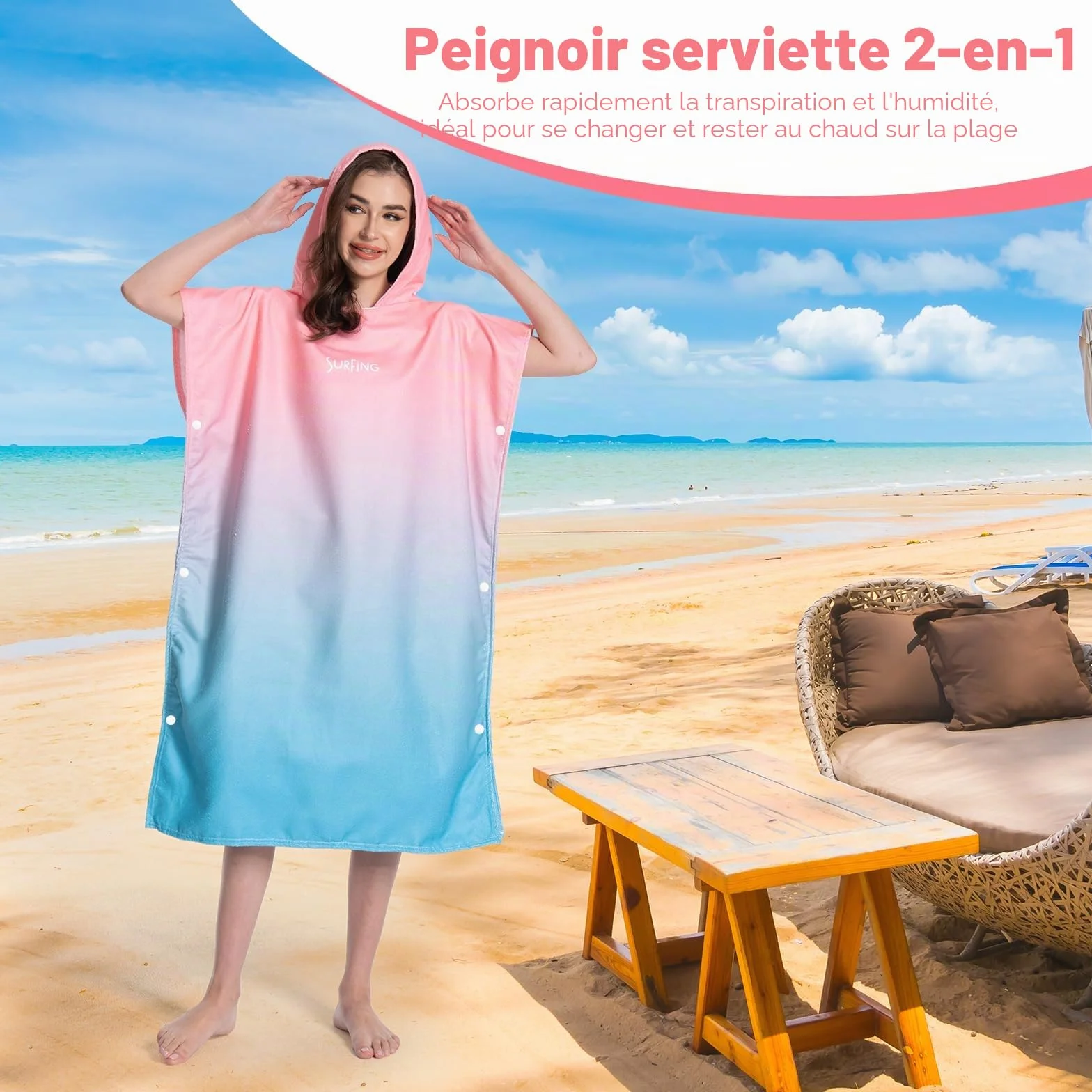 MOKANI Peignoir de bain, Poncho serviette à capuche pour piscine, plage, surf, séchage rapide et léger, poncho éponge pour adultes femmes hommes (avec boutons, 108L x 82l CM)