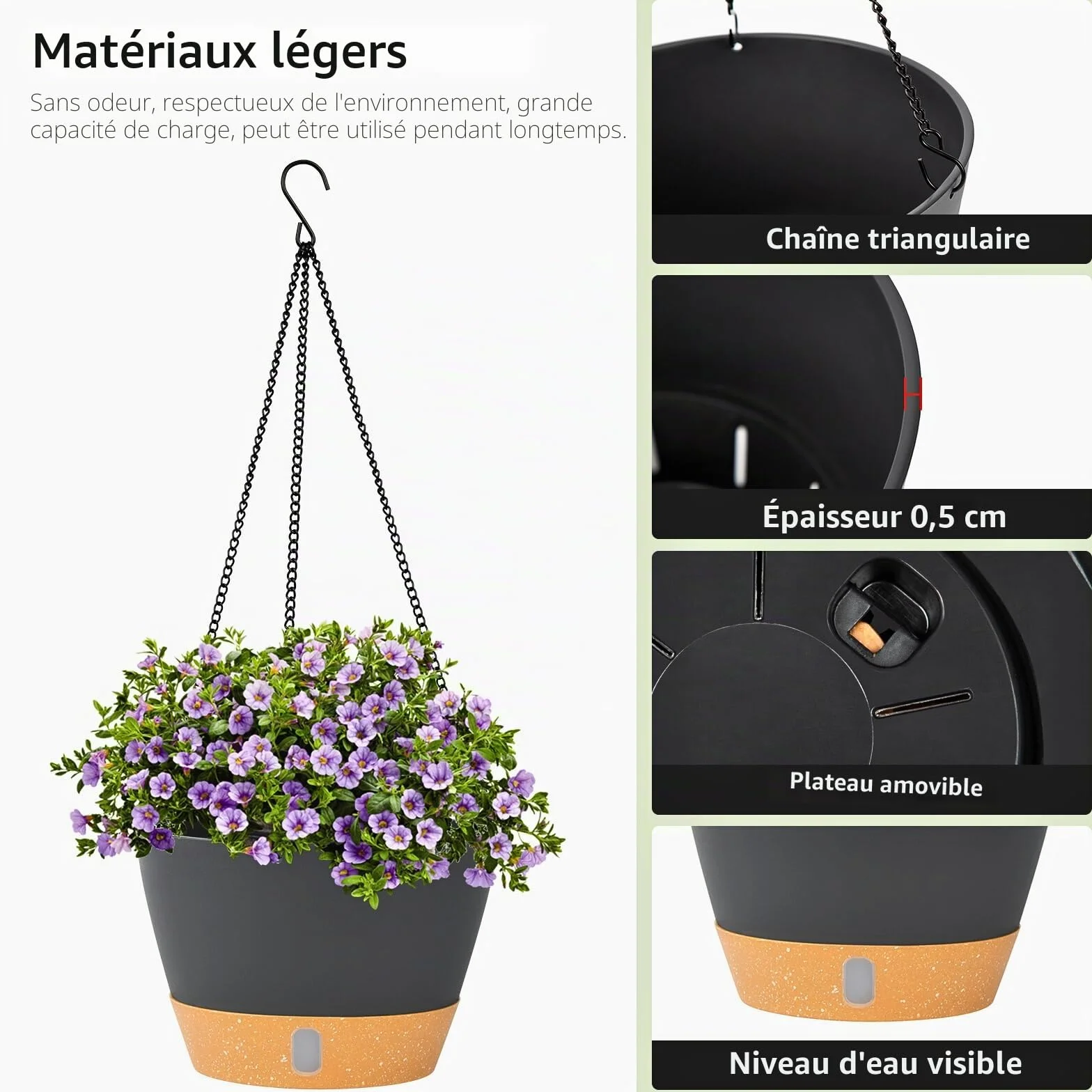 Lot de 2 Pots de Fleurs à Suspendre 20 cm Gris avec Trou de Drainage et 3 Crochets