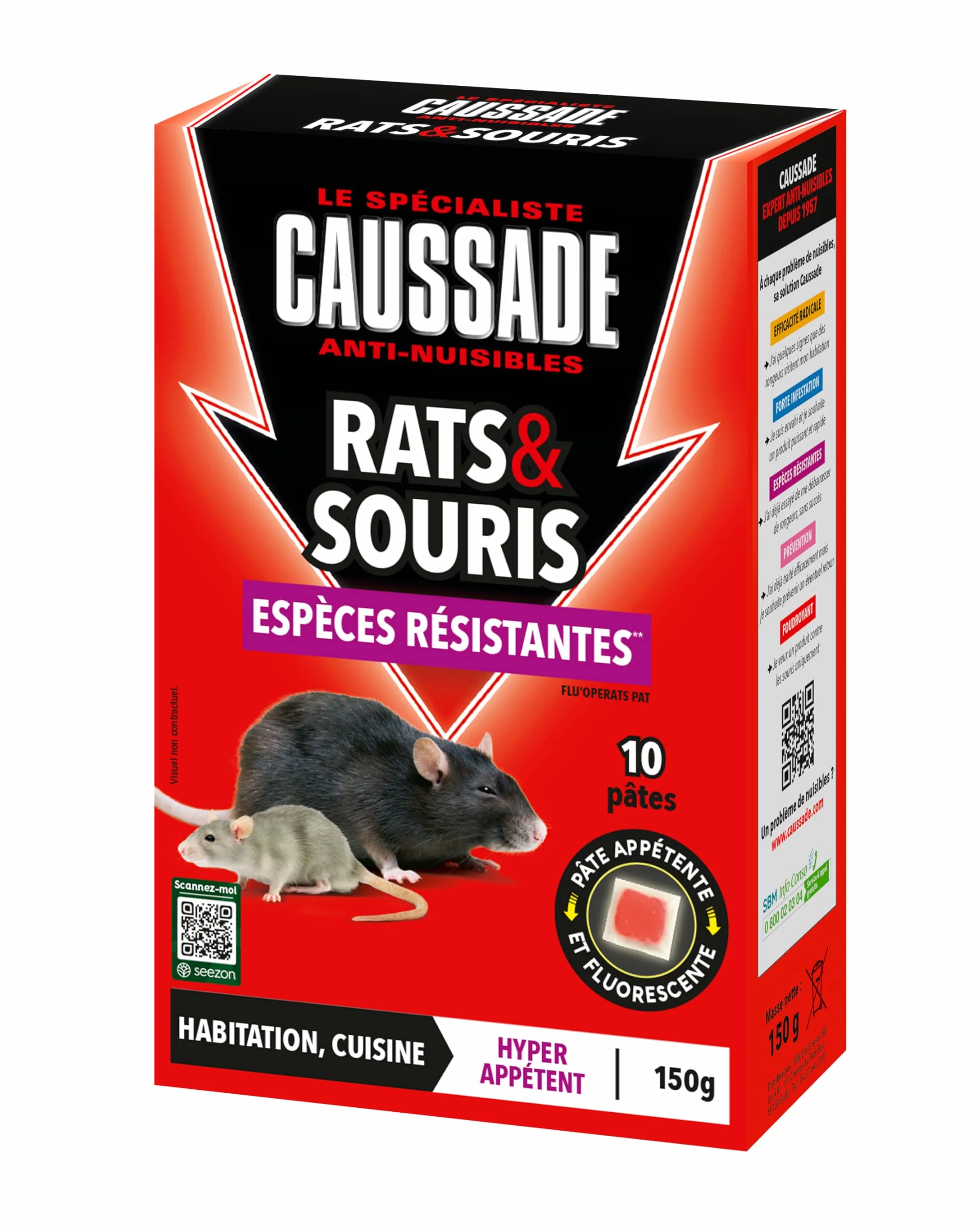 CAUSSADE Anti Rats & Souris 10 Sachets Pâtes Fluorescents 150g Fabriqué en France