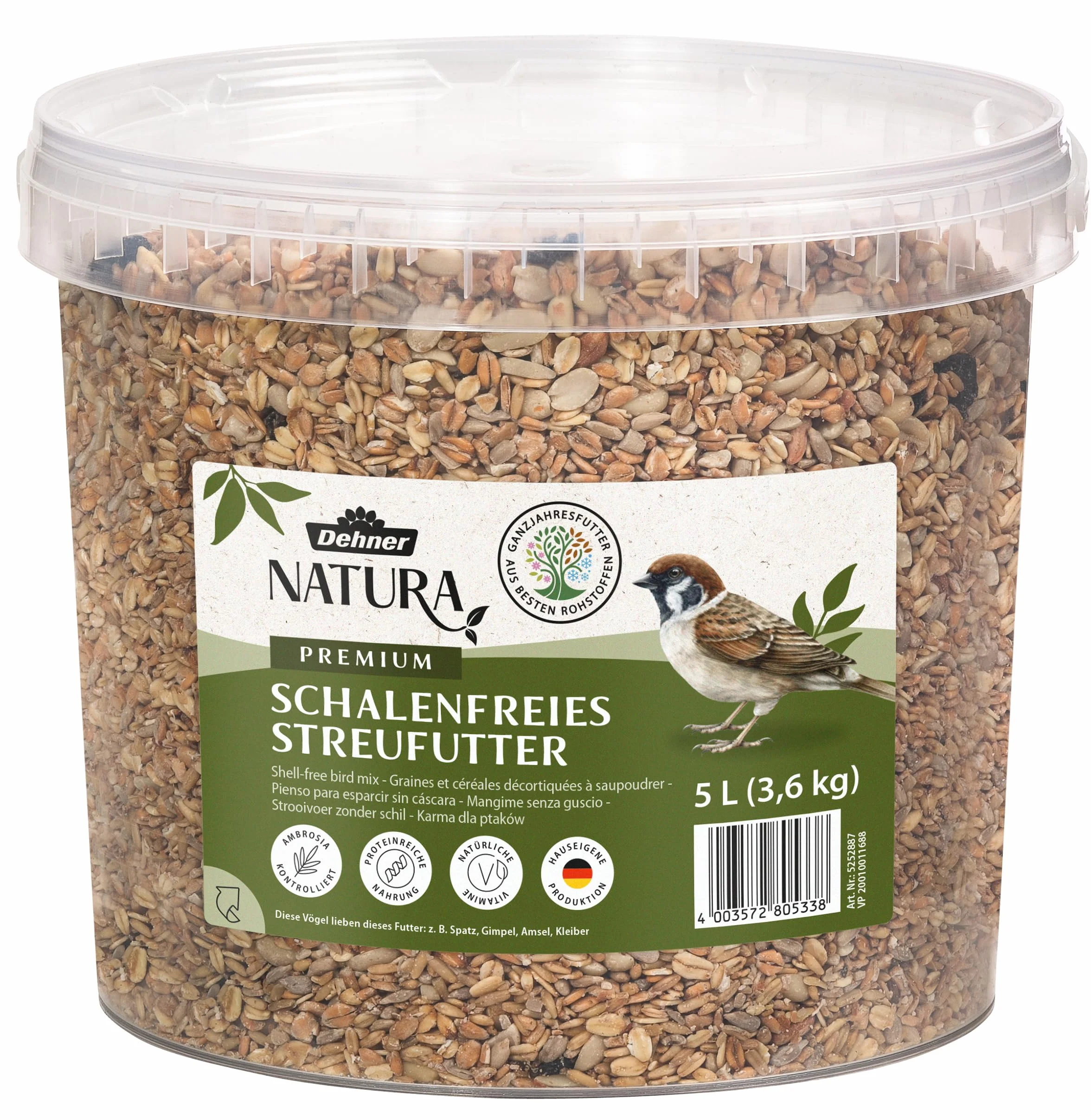 Dehner Natura Premium Nourriture pour Oiseaux Sauvages, mélange de graines sans coquilles, 3,6 kg