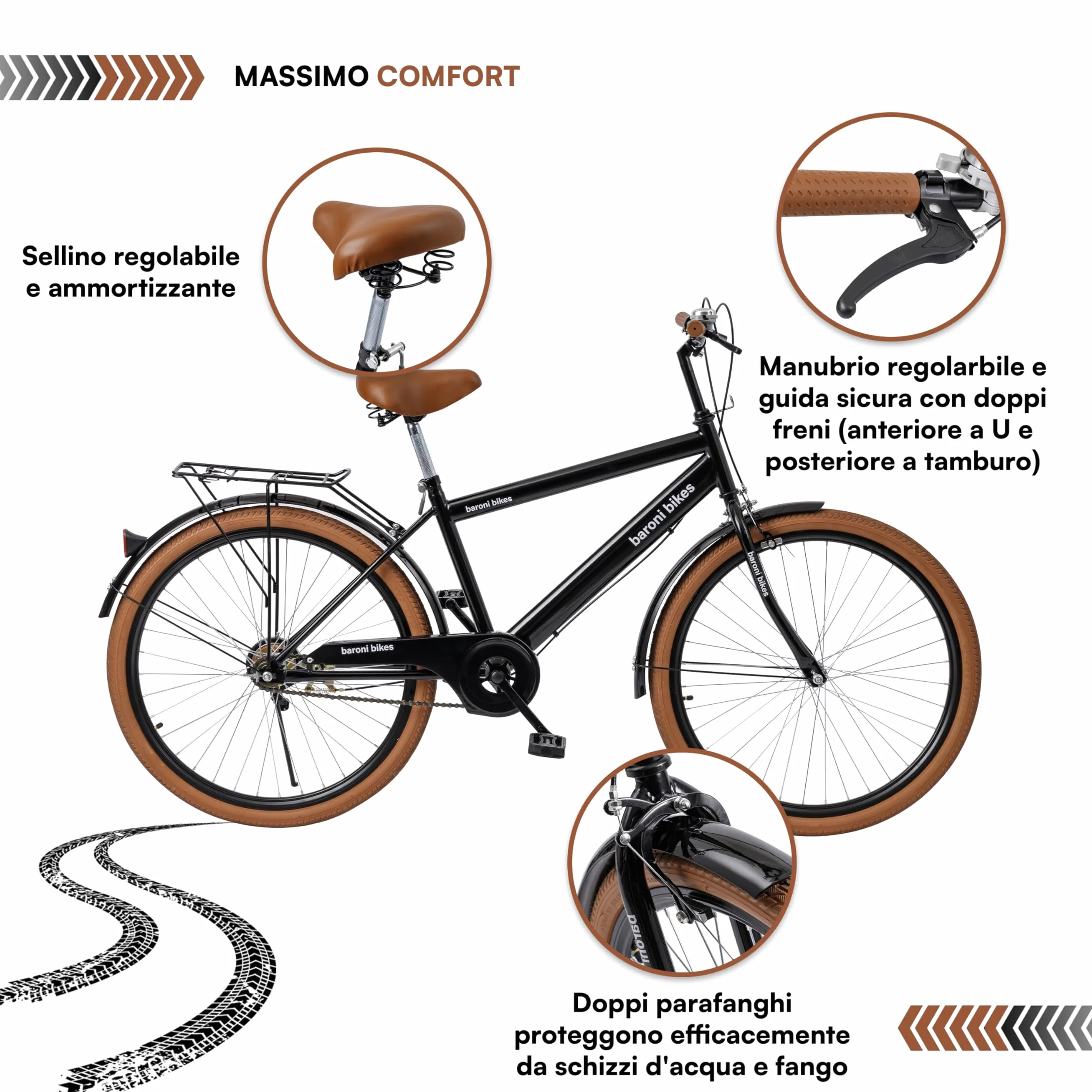 Baroni Home Vélo de marche pour homme et femme, avec sonnette, guidon et selle réglable, vélo avec double frein avant et arrière, vélo de ville, noir et marron, 168 x 90 cm