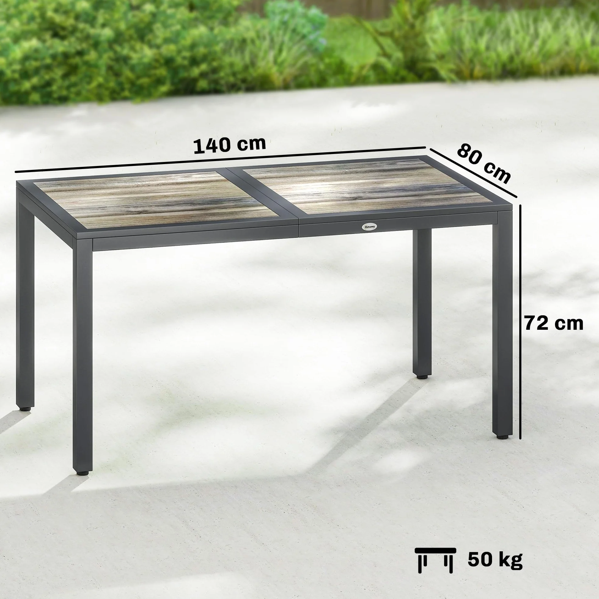 Outsunny Table de jardin rectangulaire extérieure 140x80x72 cm acier imitation bois gris foncé