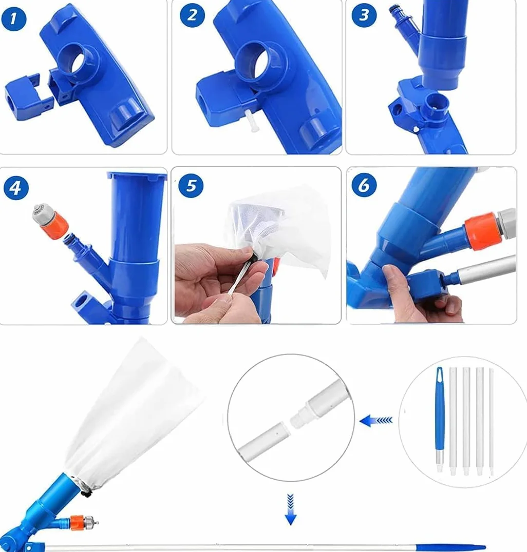 Aspirateur de Piscine, Mini Aspirateur Portable avec 5 Sections de Poteau et Sacs à Filet, Kit Nettoyage Piscine