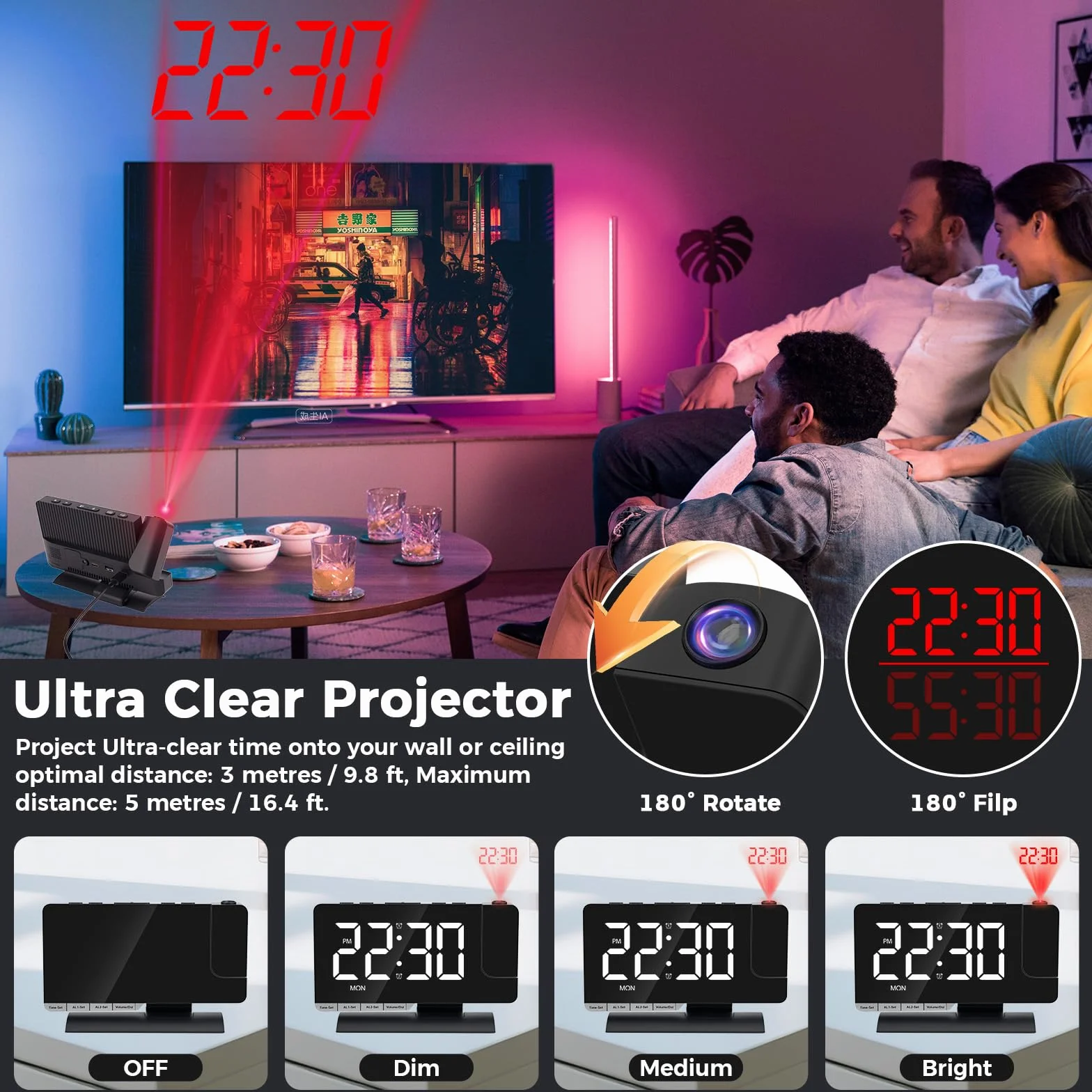 Réveil Projection Plafond Horloge Numérique LED avec Recharge USB, Surface Miroir, Snooze, Rotation 180°, Mode Inversé, Réglage Luminosité 12H/24H